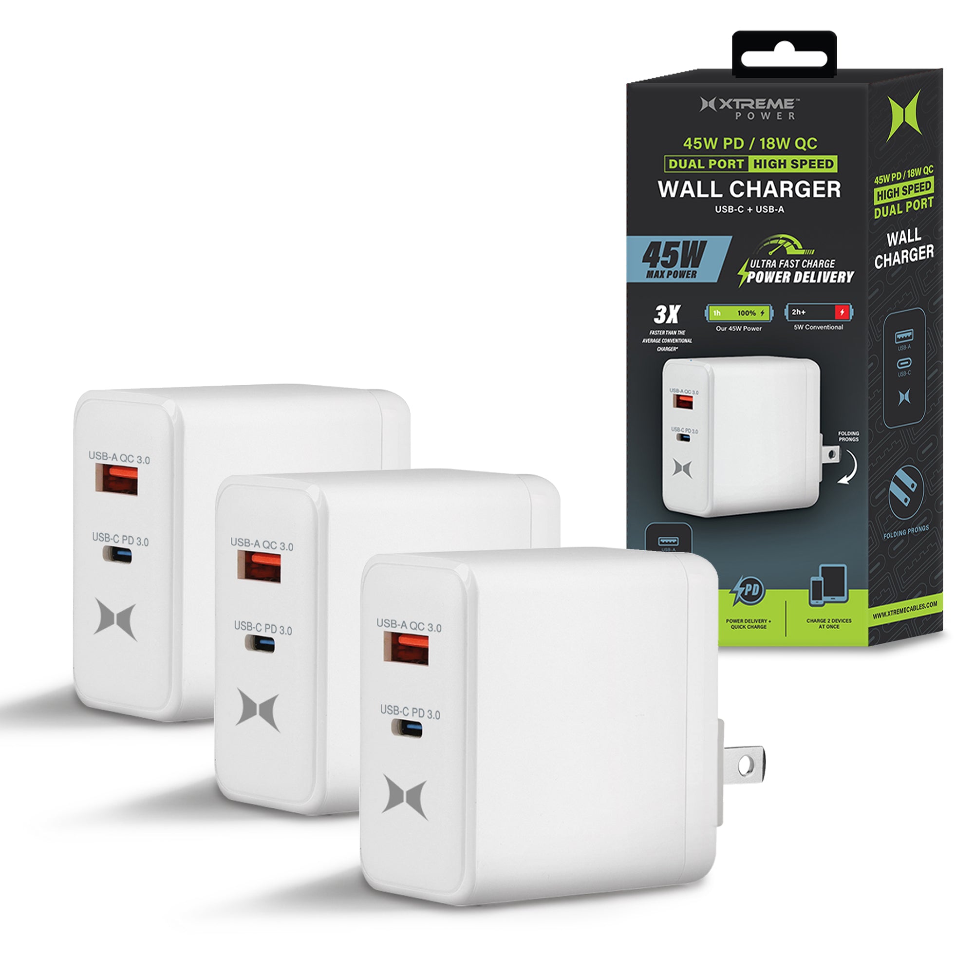 3-Pack 45W Dual Port Quick Charging Wall Charger, USB-C & USB-A Fast Chargers with QC 3.0 & PD 3.0, Ultra-Fast Wall Charger