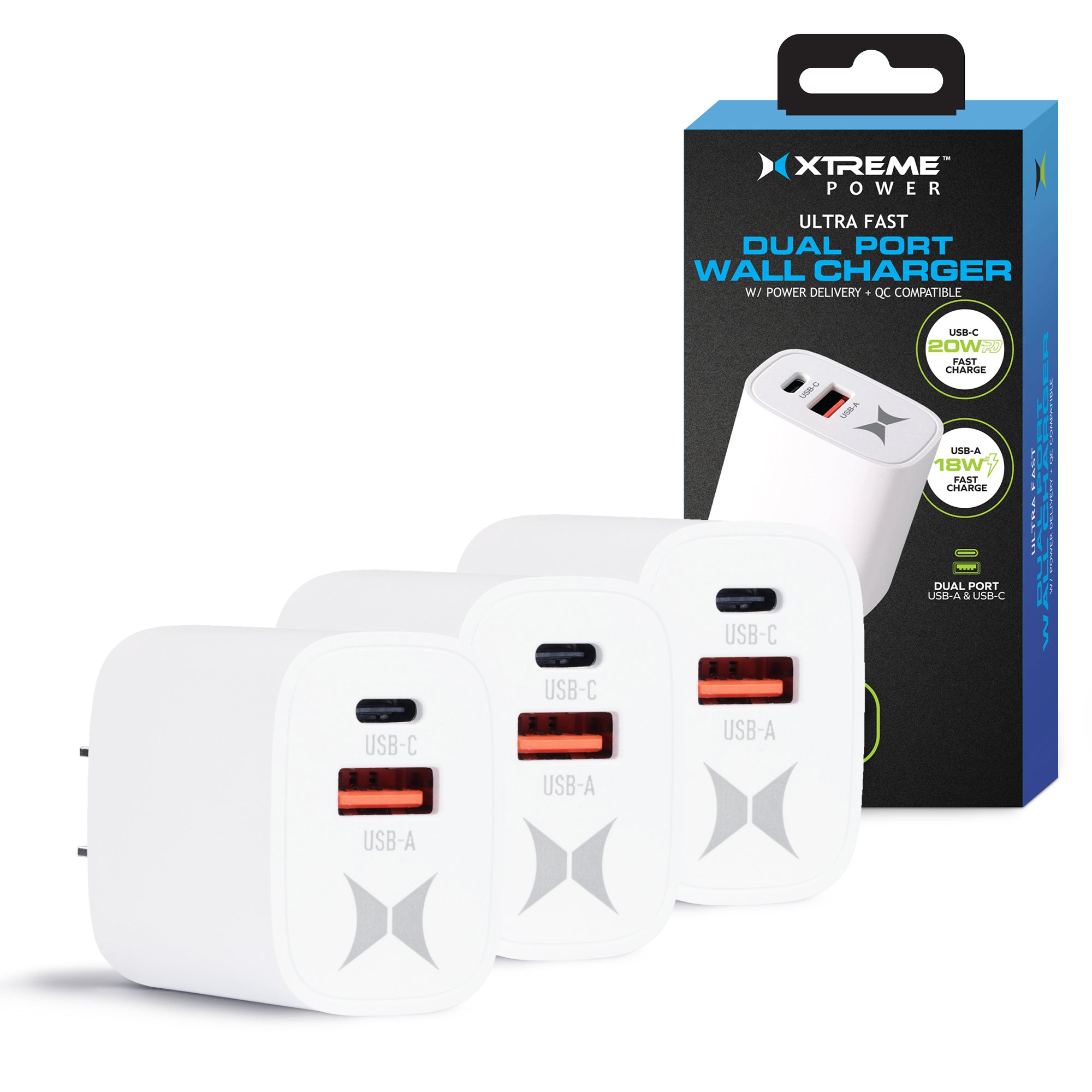 3-Pack Dual Port Quick Charging Wall Charger, 20W USB-C & 18W USB-A Fast Chargers, QC and PD, Ultra-Fast Wall Charger