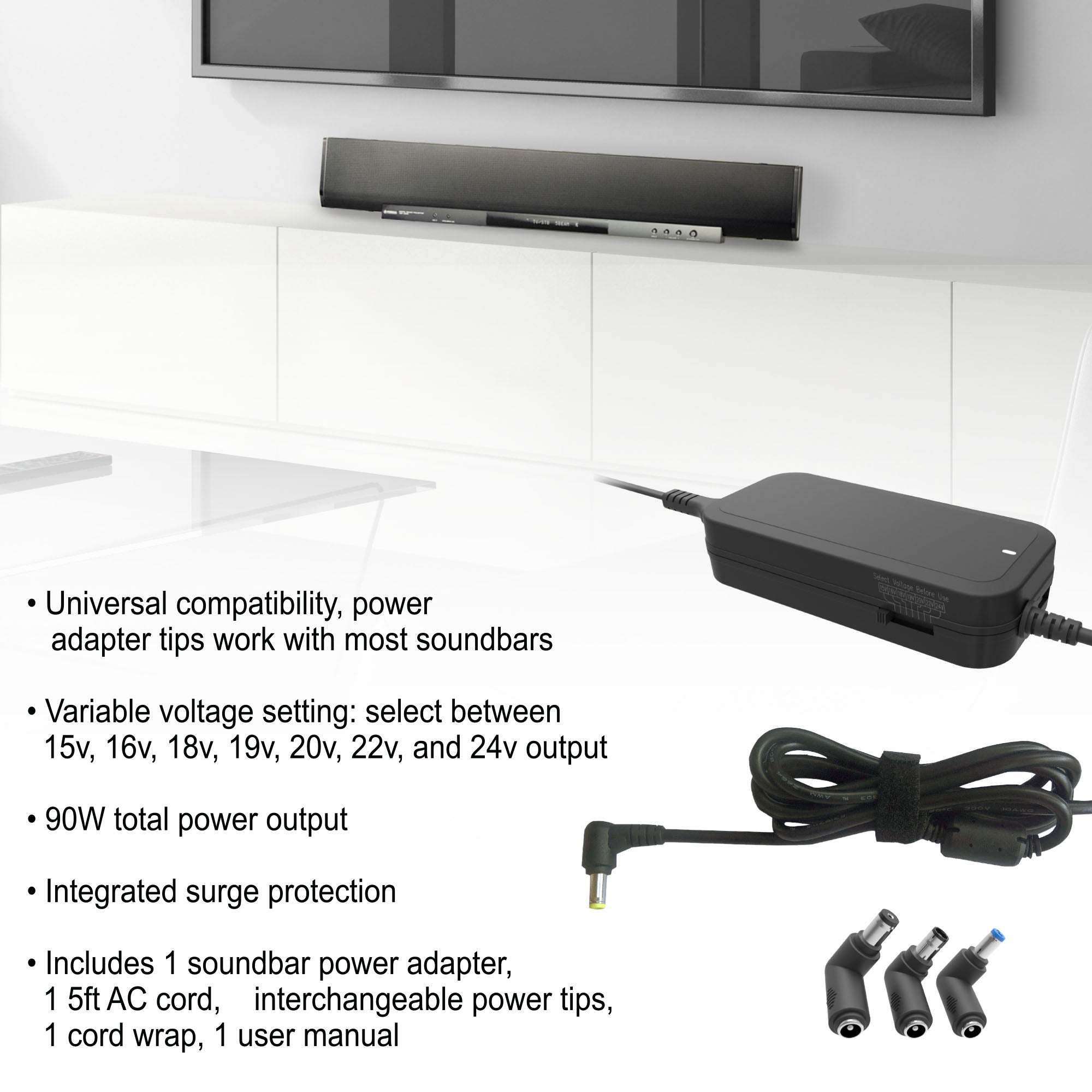 Universal Soundbar Power Adapter with Variable Voltage (12V-24V) - Xtreme 90W Power Cord with 3 Tips, Dual USB Ports & Surge Protection