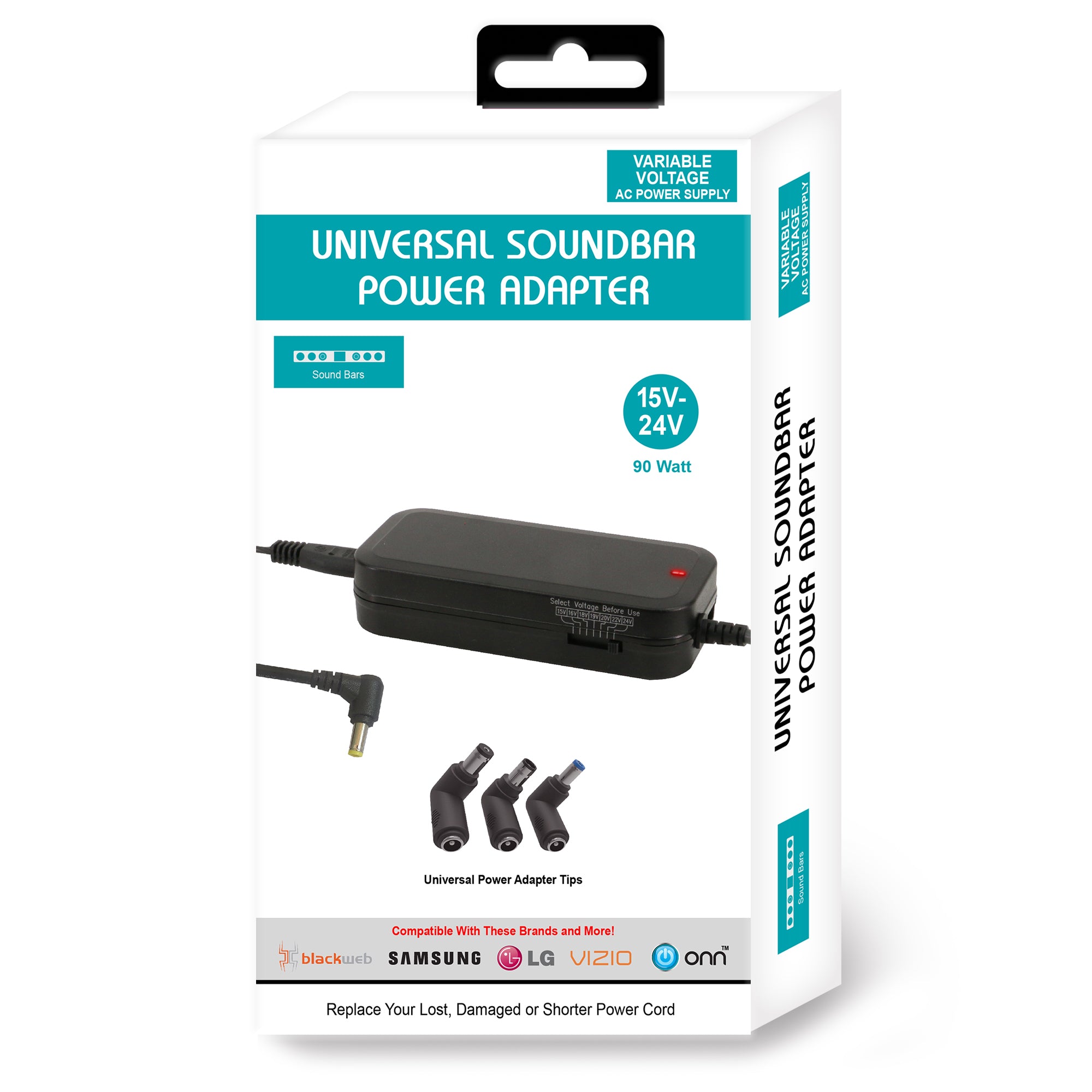 Universal Soundbar Power Adapter with Variable Voltage (12V-24V) - Xtreme 90W Power Cord with 3 Tips, Dual USB Ports & Surge Protection