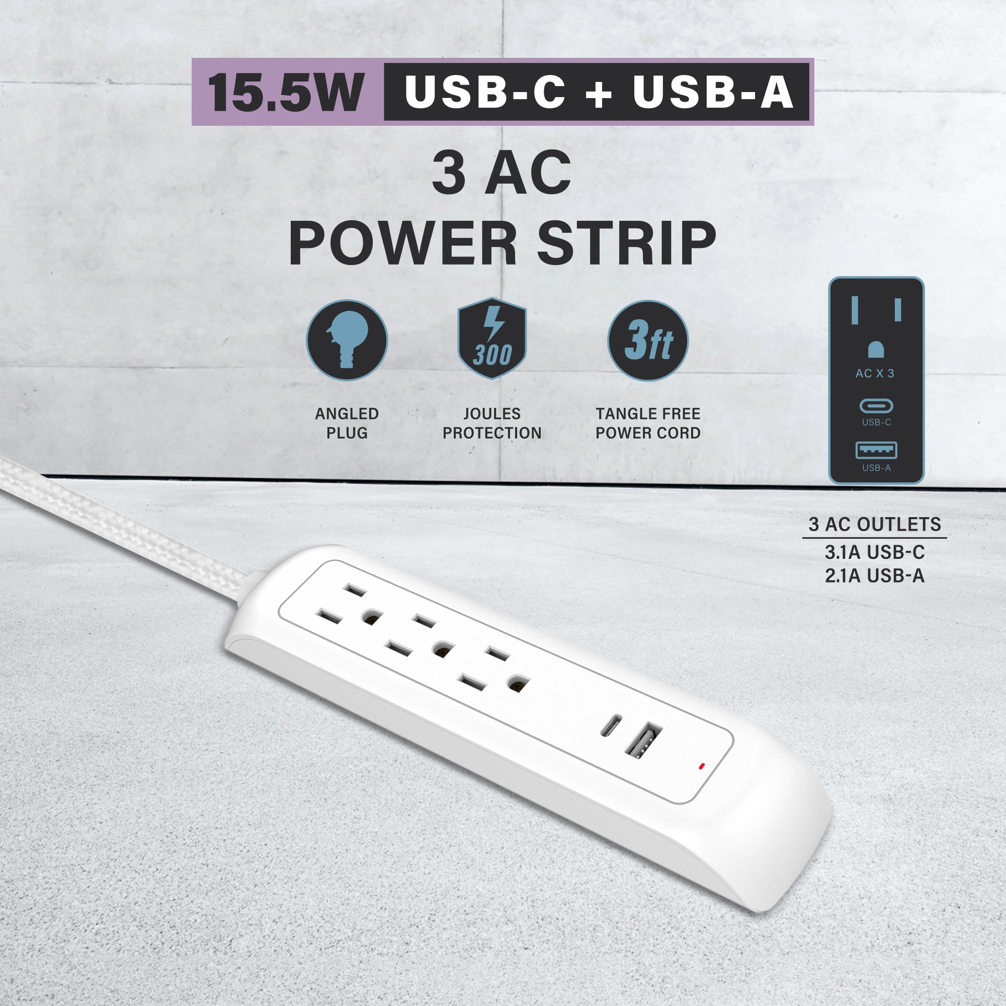 Xtreme Power Surge Strip 3 Outlets with USB-A & 3.1A USB-C