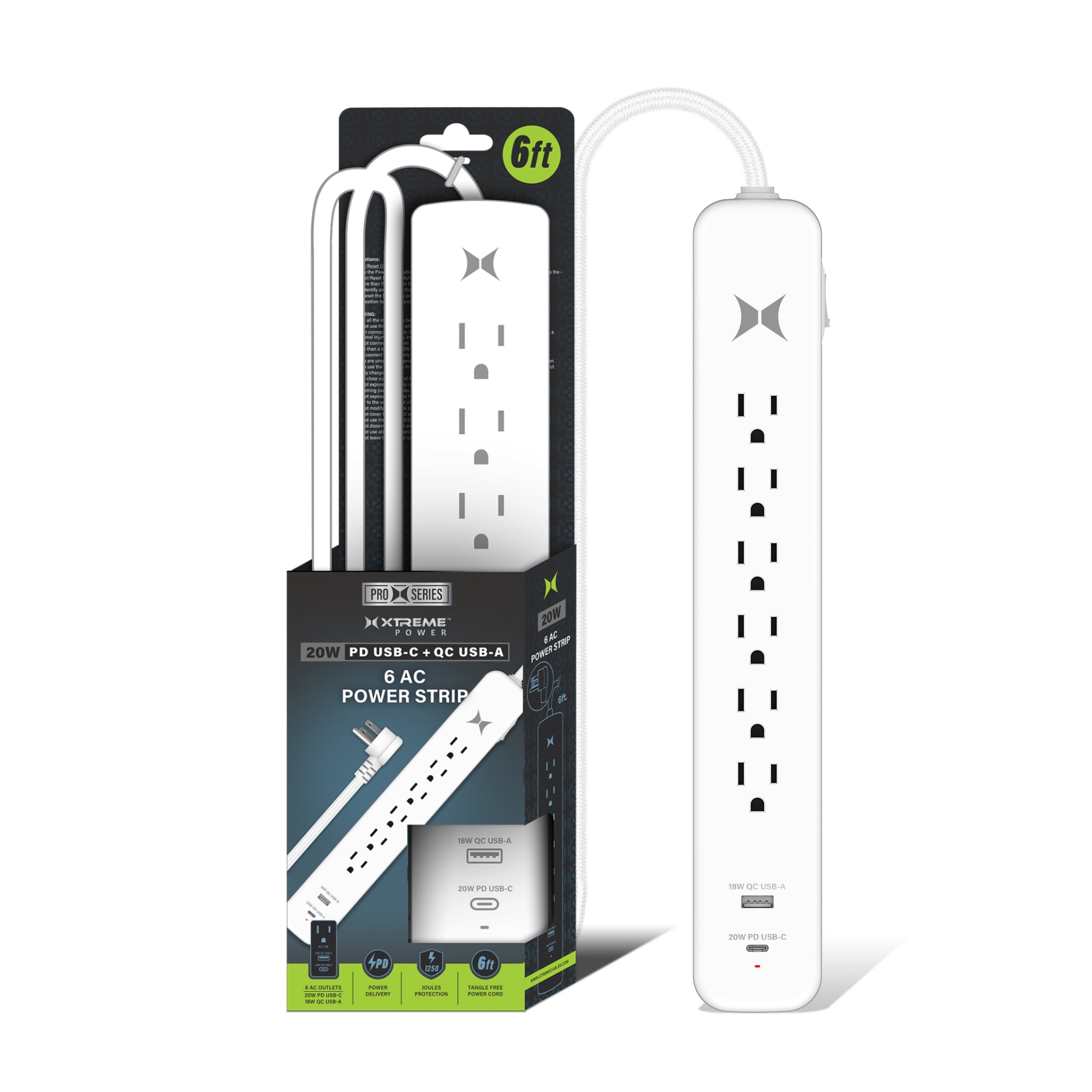 Xtreme Power Strip with 6 Outlets 20W USB-C & 18W USB-A Charging