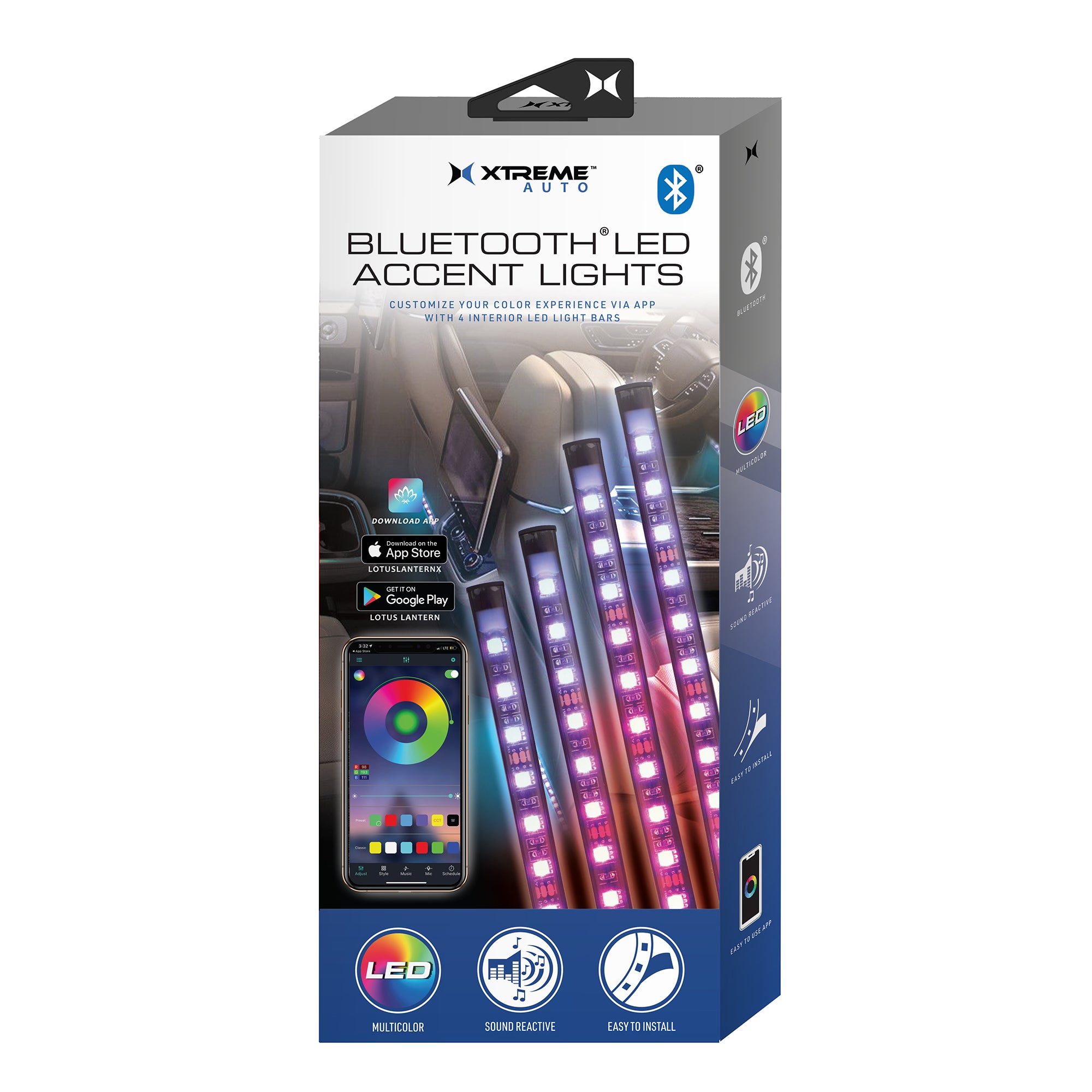 Bluetooth LED Car Accent Light, 4 Light Strips, Sound Reactive, Mobile App Control