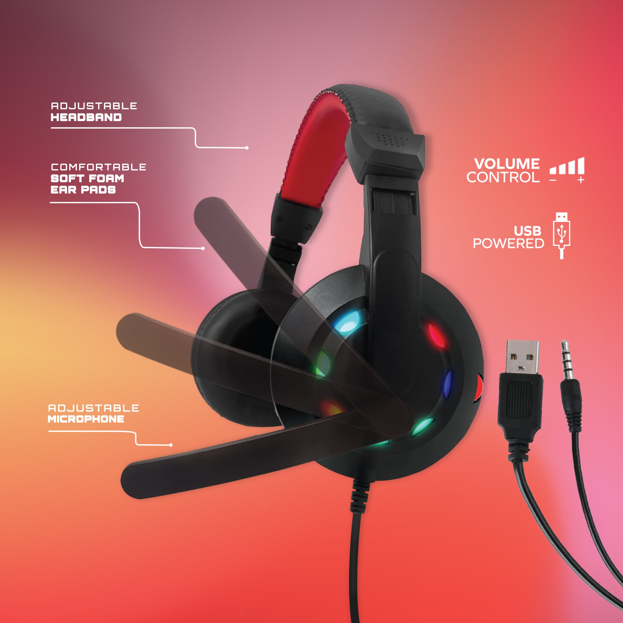 Gaming PC Headphones LED Lights, Wired Headset, Color Flow RGB Multicolor Effects