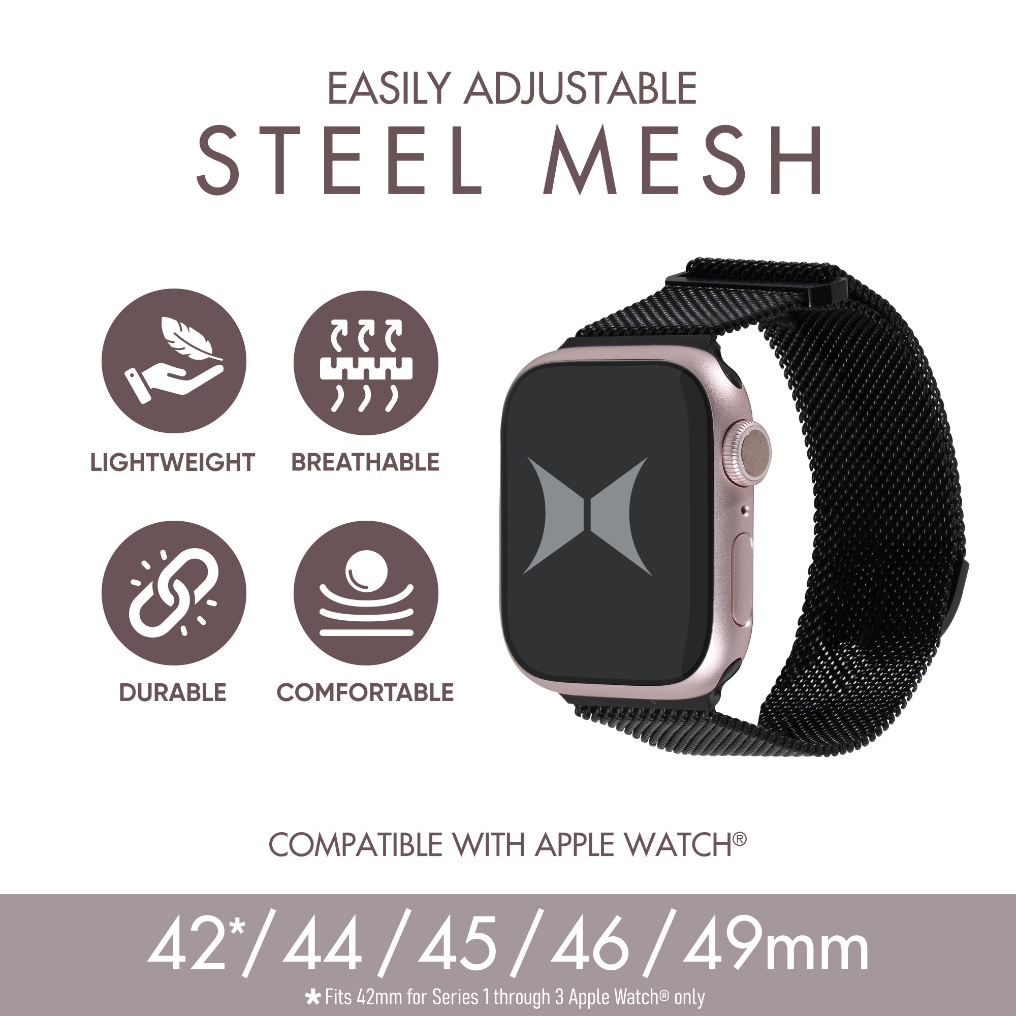 Premium Steel Mesh Apple Watch Band with Adjustable Magnetic Clasp, Black Finish, Universal Fit for all Large Series, Easy Installation