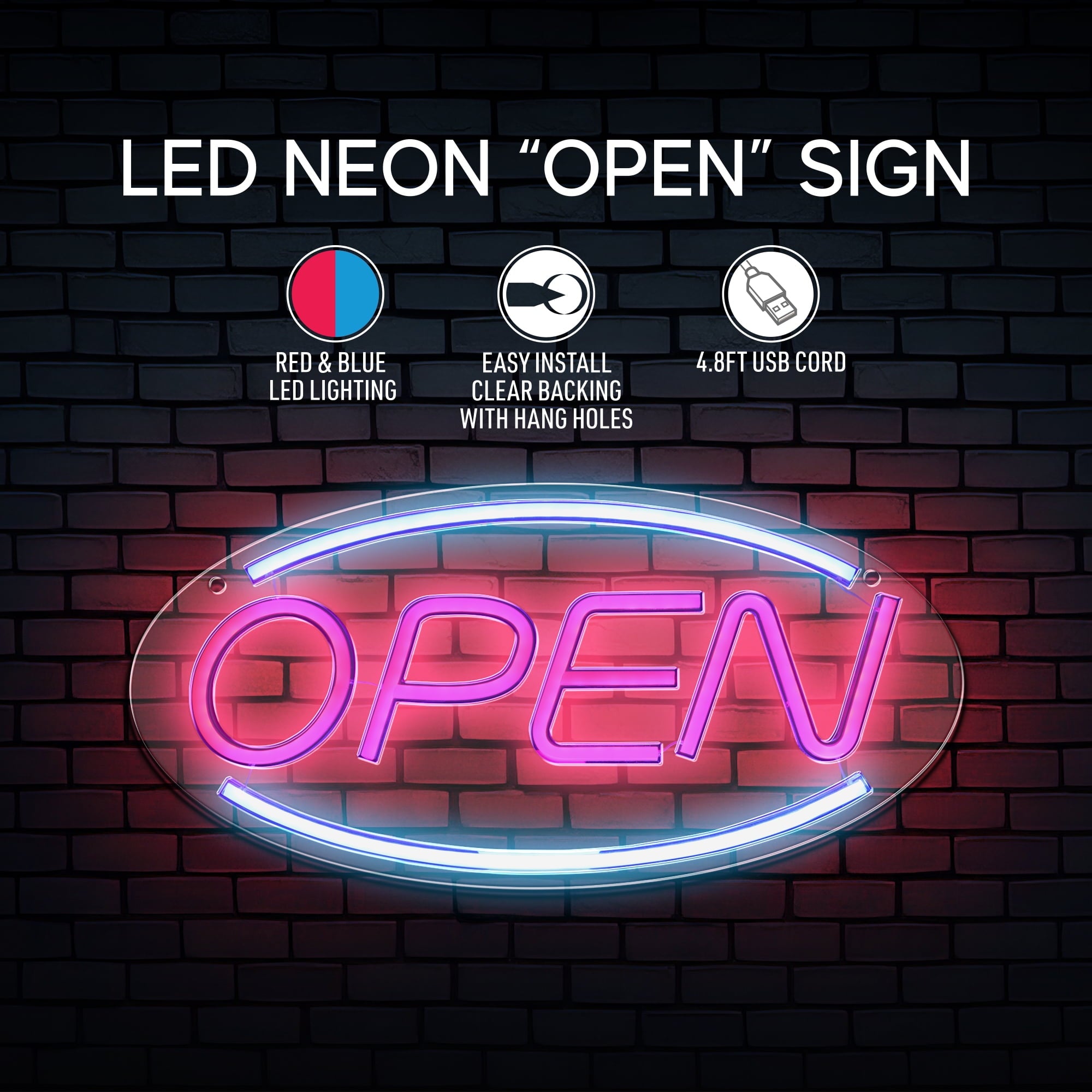LED Neon "OPEN" Sign – Red & Blue Lights, USB Powered, Clear Backing, Wall Hanging Holes
