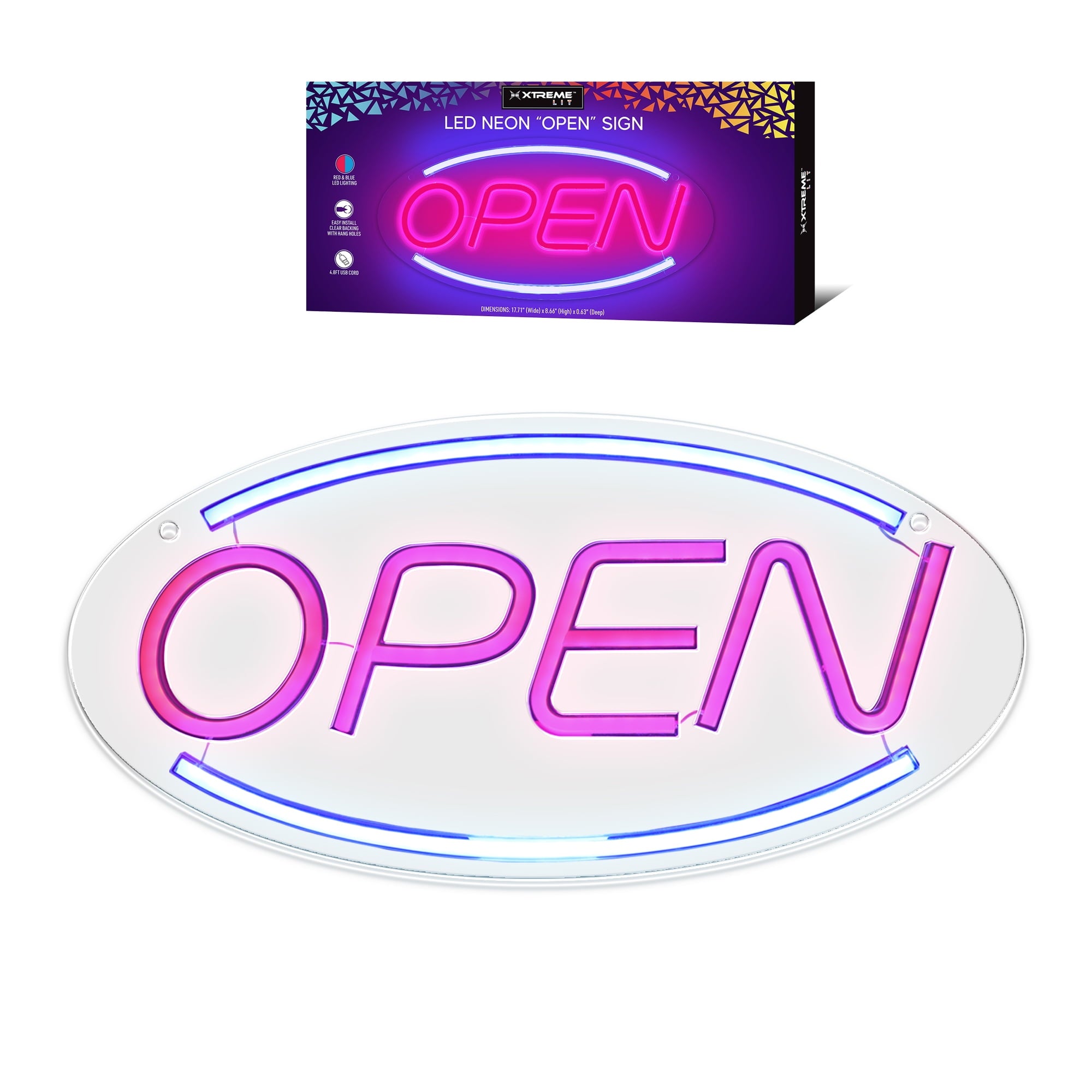 LED Neon "OPEN" Sign – Red & Blue Lights, USB Powered, Clear Backing, Wall Hanging Holes