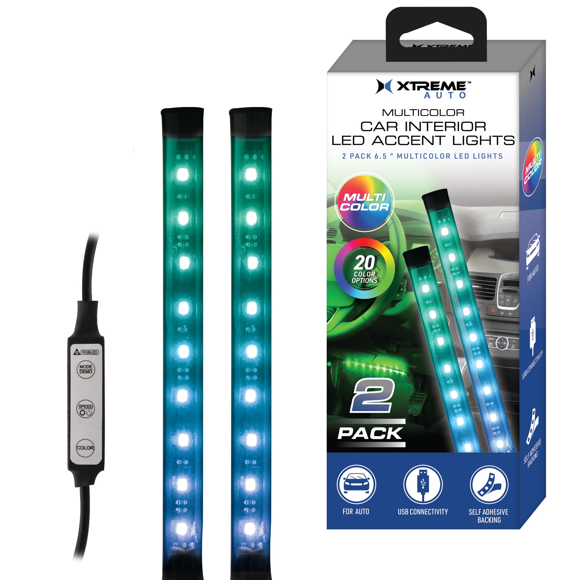 Auto Multicolor Car Interior LED Accent Lights, 2 Strip Customizable, USB-Powered