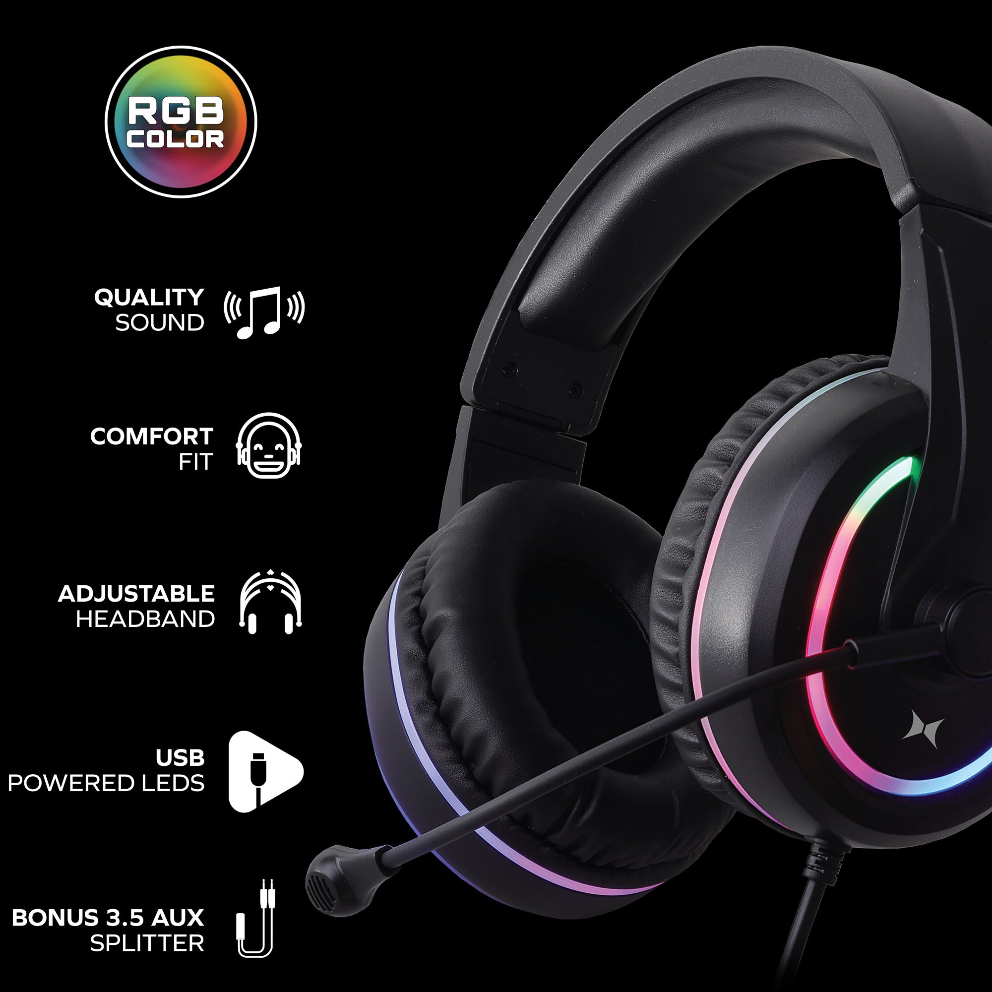 RGB LED Gaming Headset with High-Fidelity Sound, Adjustable Comfort Fit, and USB Power for PC, PS4, Xbox, and Nintendo Switch