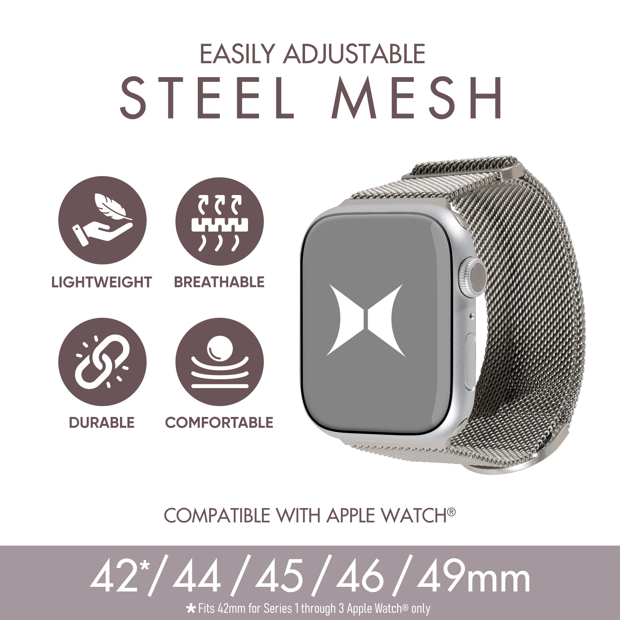 Premium Steel Mesh Apple Watch Band with Adjustable Magnetic Clasp, Starlight Finish, Universal Fit for all Large Series, Easy Installation