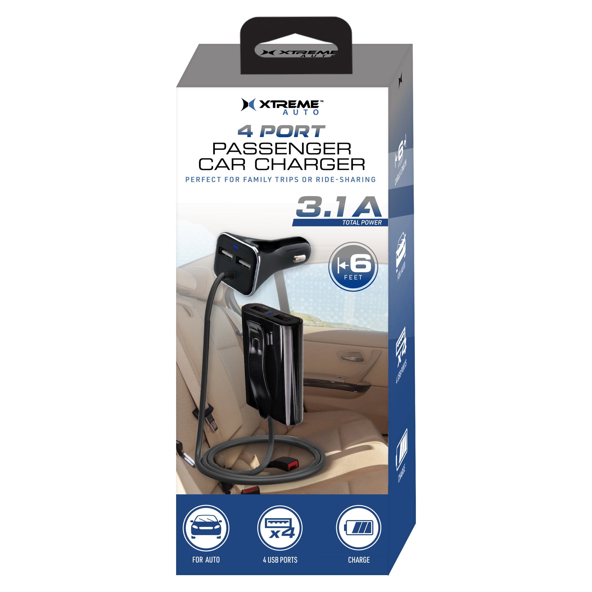 4-Port Backseat Car Charger with 6ft Extension Cable, 3.1A USB Charging Hub for Front and Rear Seats, Power Up to 4 Devices for Road Trips