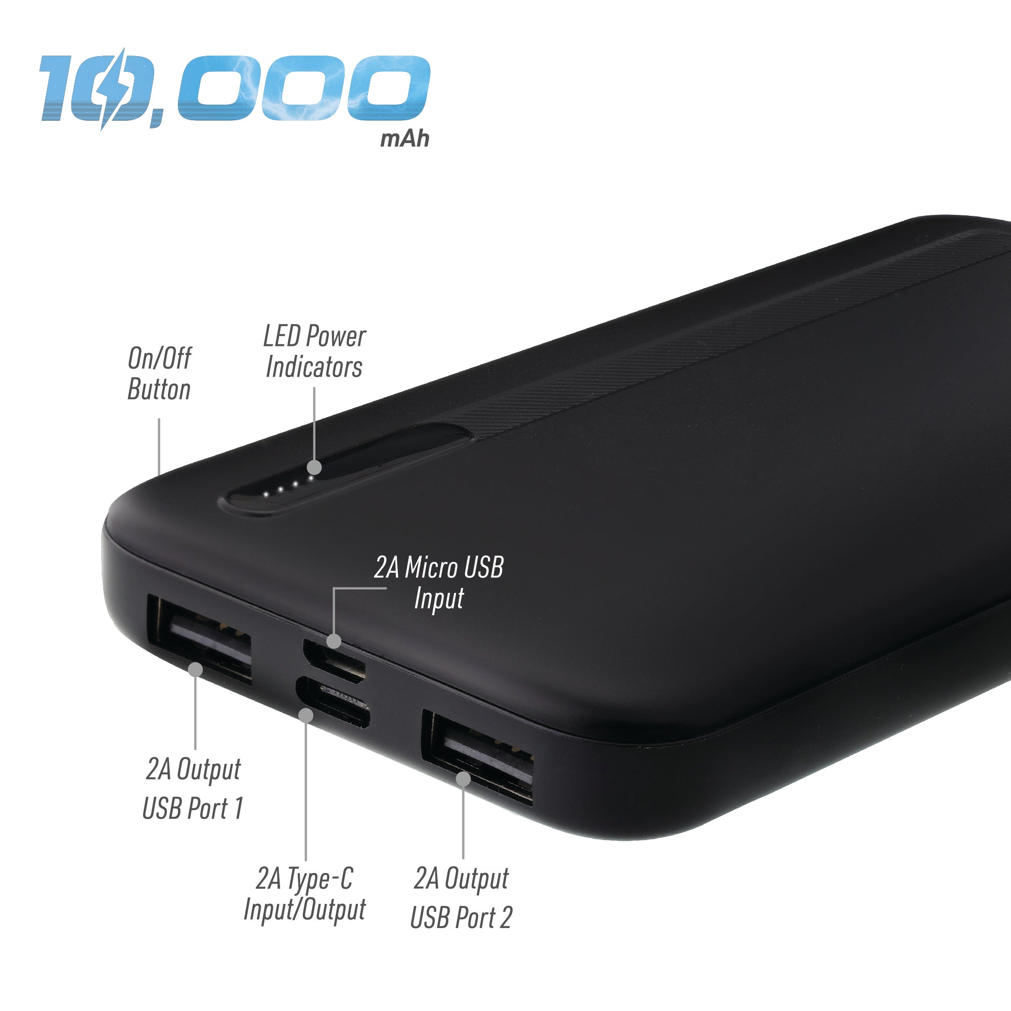 10000mAh High Capacity Portable Power Bank with USB-C and Dual USB-A Ports, Black, LED Indicator, Travel-Friendly External Battery Charger