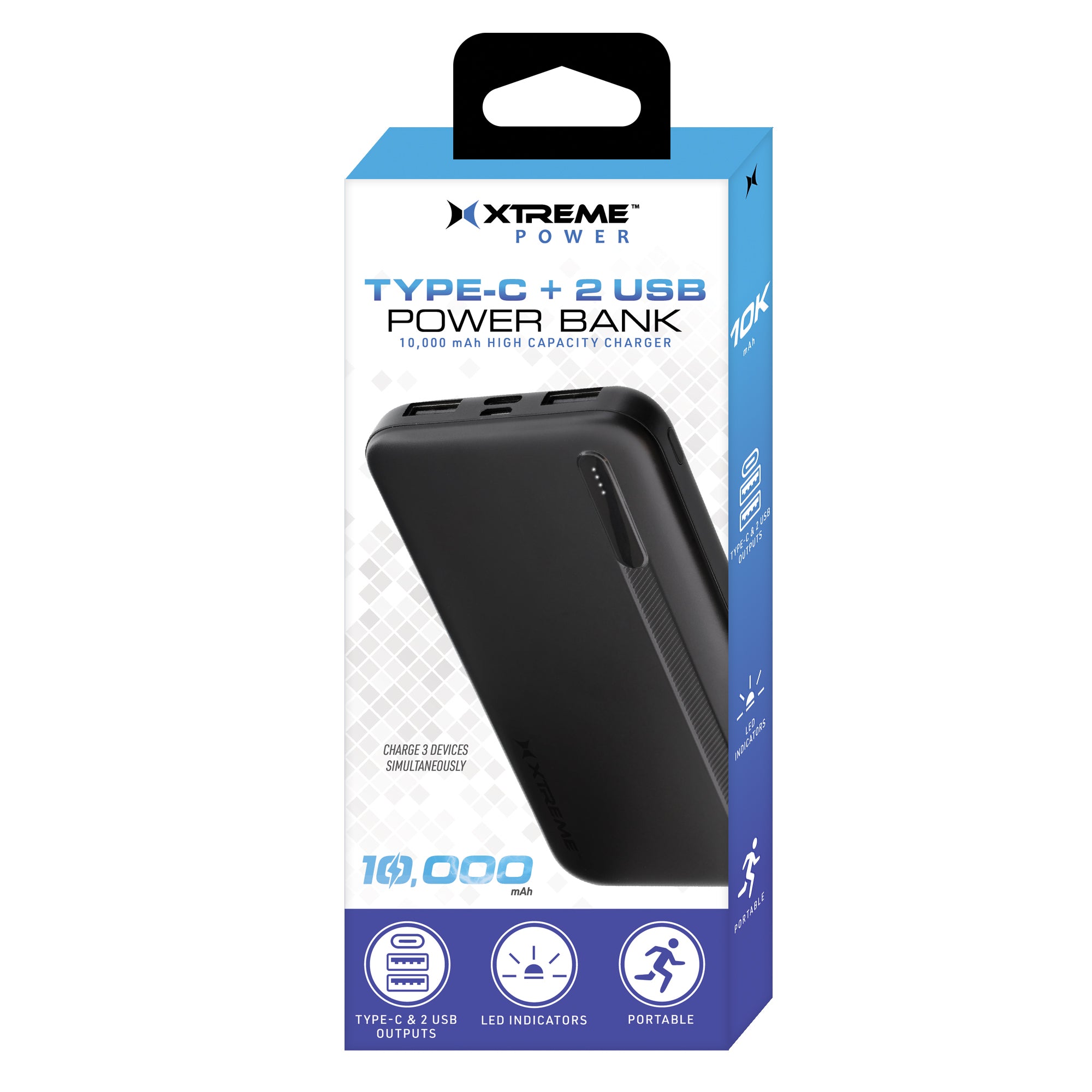 10000mAh High Capacity Portable Power Bank with USB-C and Dual USB-A Ports, Black, LED Indicator, Travel-Friendly External Battery Charger