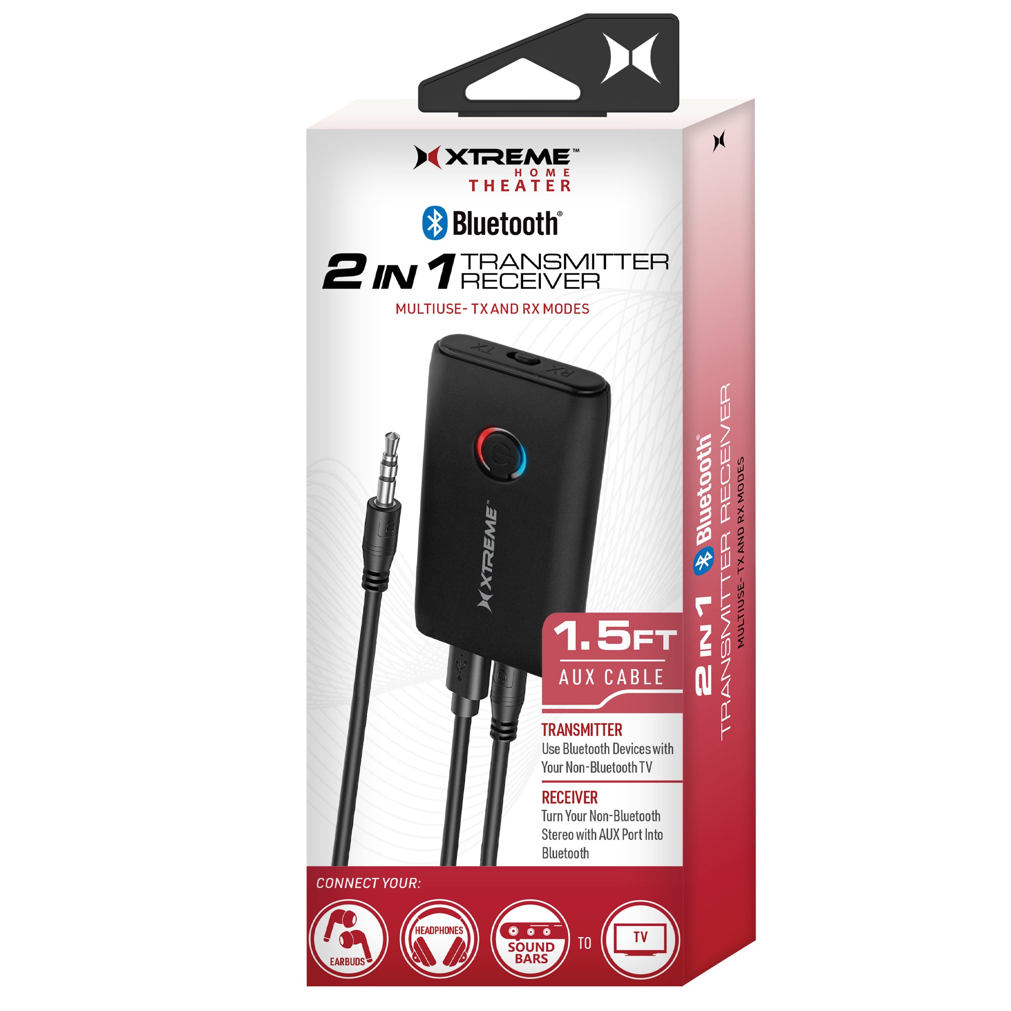 2-in-1 Bluetooth Transmitter Receiver for Home Theater Systems, Wireless Audio Adapter with Aux and Power Cables for TV, Speakers, and Headphones