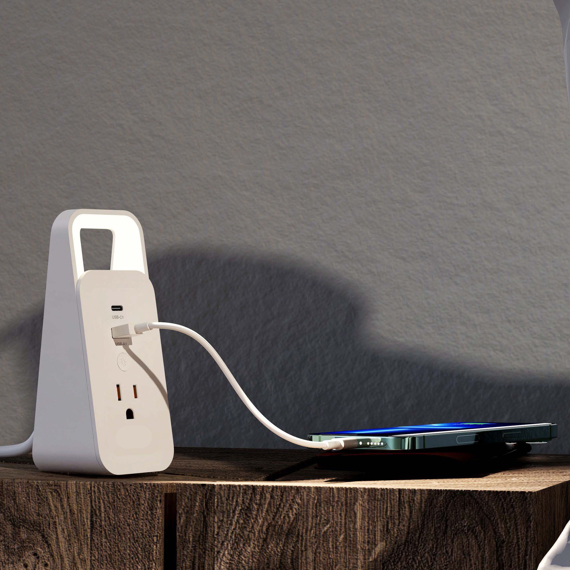 On/Off LED Night Light Desktop Charging Station with 12W USB-C & USB-A Ports, 1250W Power Outlet, and 4ft Power Cable for Home and Office