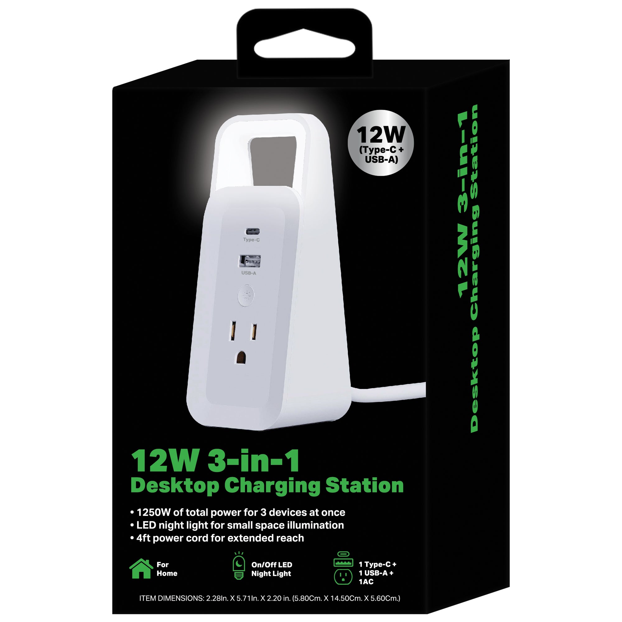 On/Off LED Night Light Desktop Charging Station with 12W USB-C & USB-A Ports, 1250W Power Outlet, and 4ft Power Cable for Home and Office