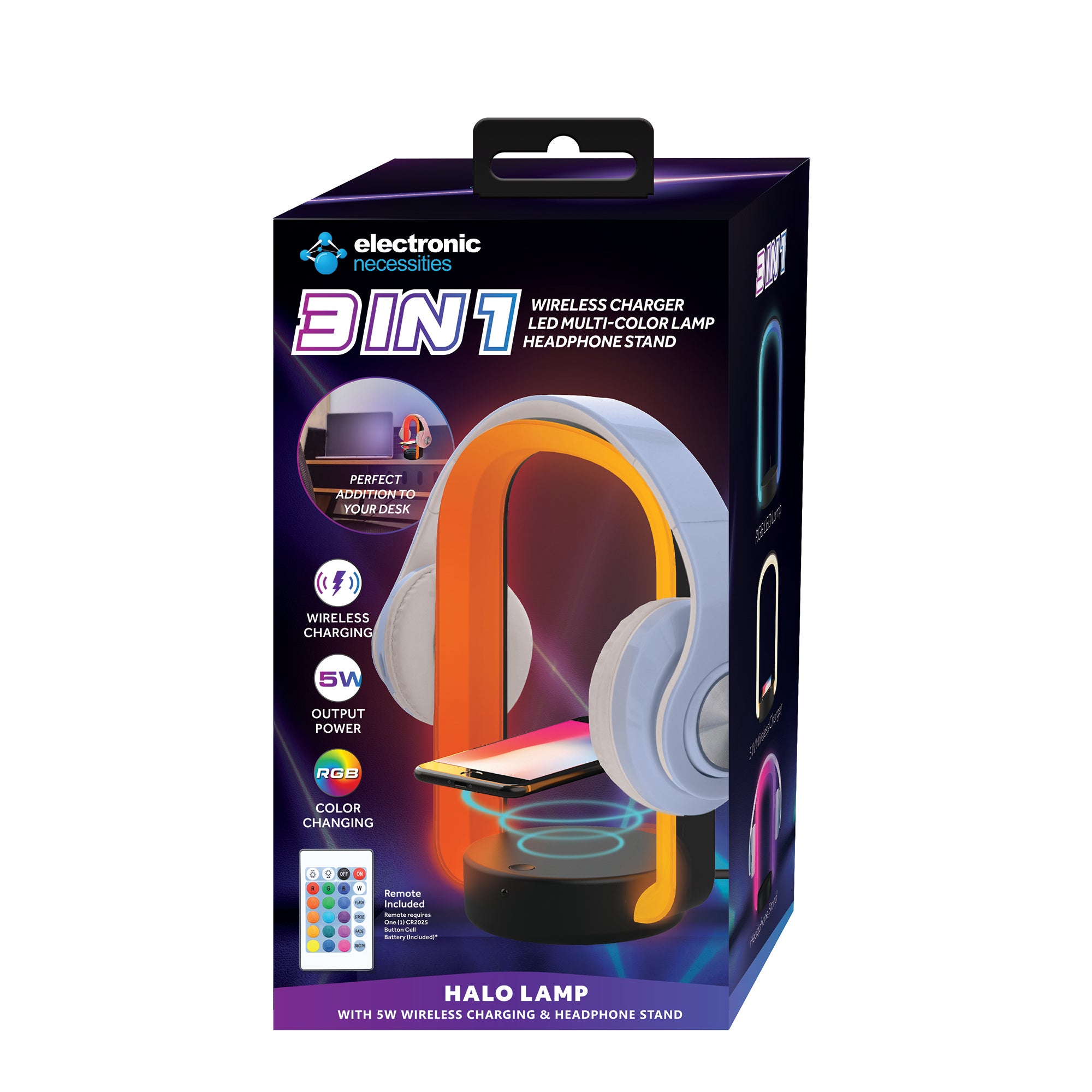 HALO RGB Multicolor LED Lamp with Remote, Headphone Holder, and 5W Wireless Charger, Desk Accessories for Gaming and Home Office