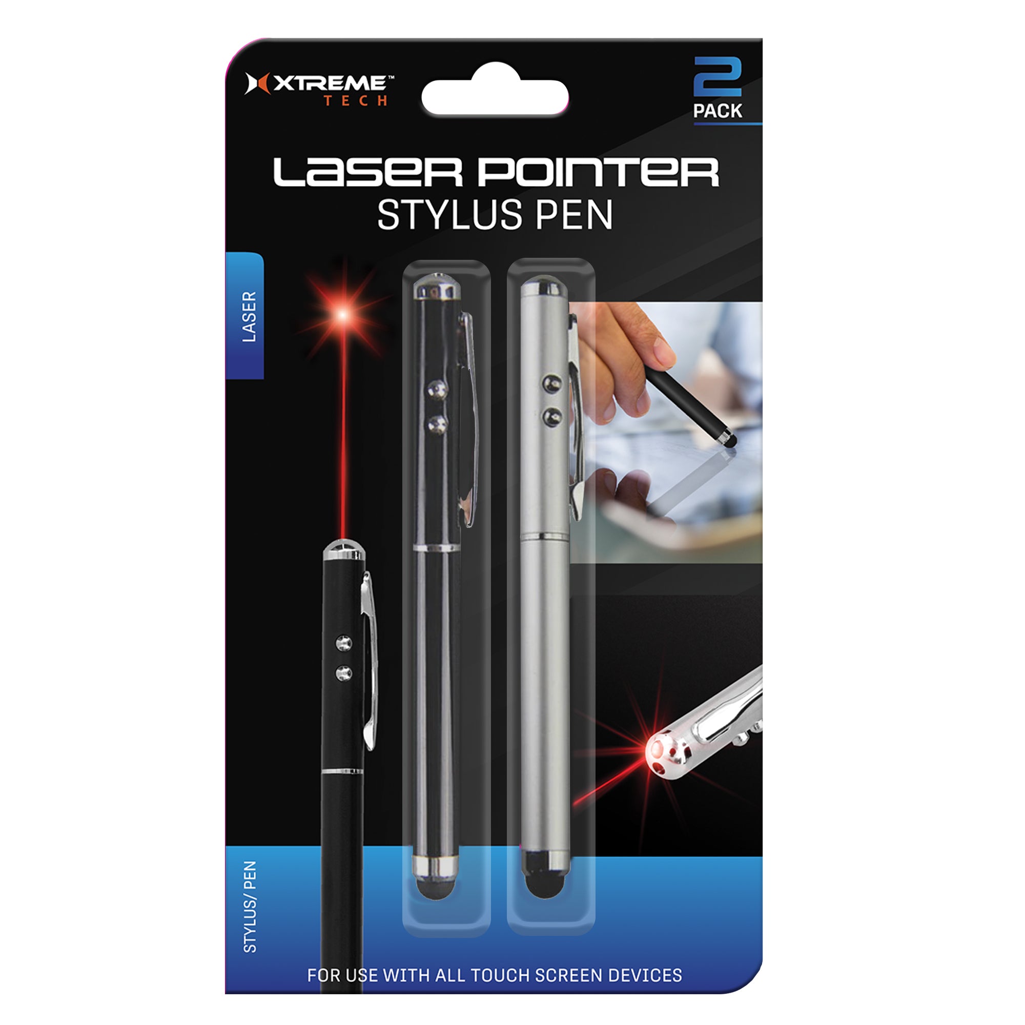 2-Pack Black & Silver 3-in-1 Laser Pointer Stylus Pen Set for Presentations, Touchscreens, and Writing