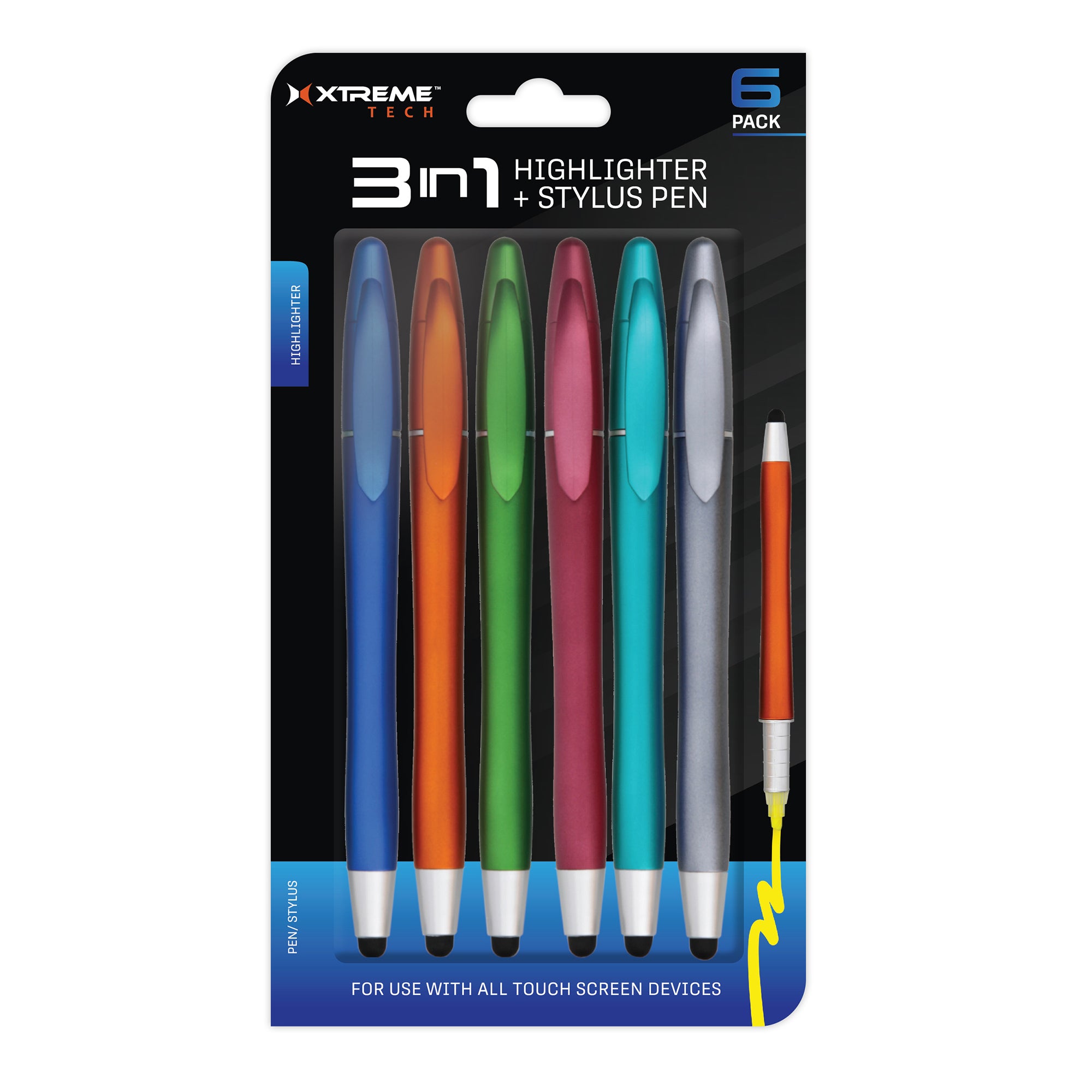 6-Pack Multi-Function Pen, Stylus, and Highlighter Set | All-in-One Ballpoint Pens with Stylus Tip for Touchscreens in Assorted Colors