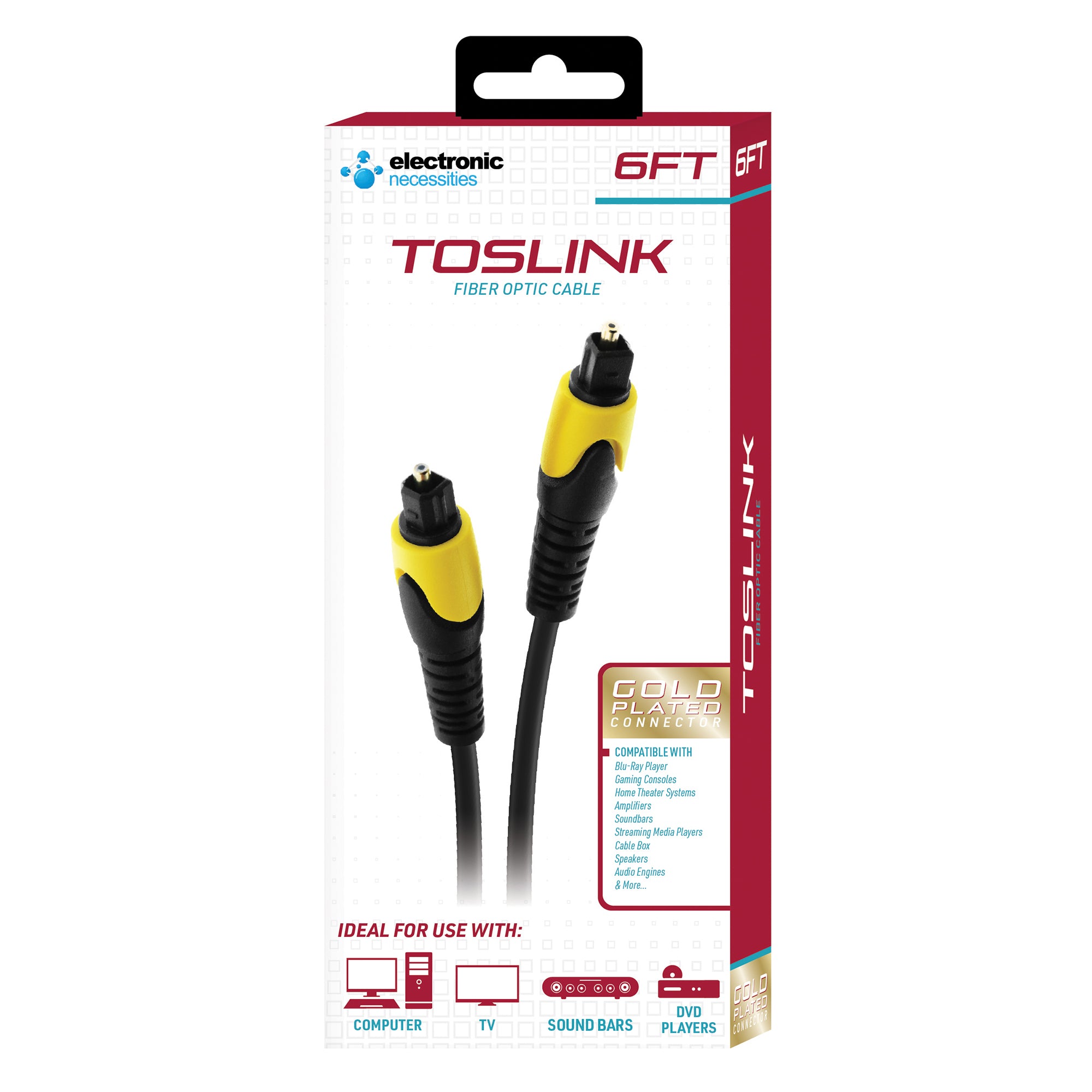 6ft Toslink Digital Optical Audio Cable with Gold-Plated Connectors, Fiber Optic Sound Bar Cable for TV, Computer, and DVD Players
