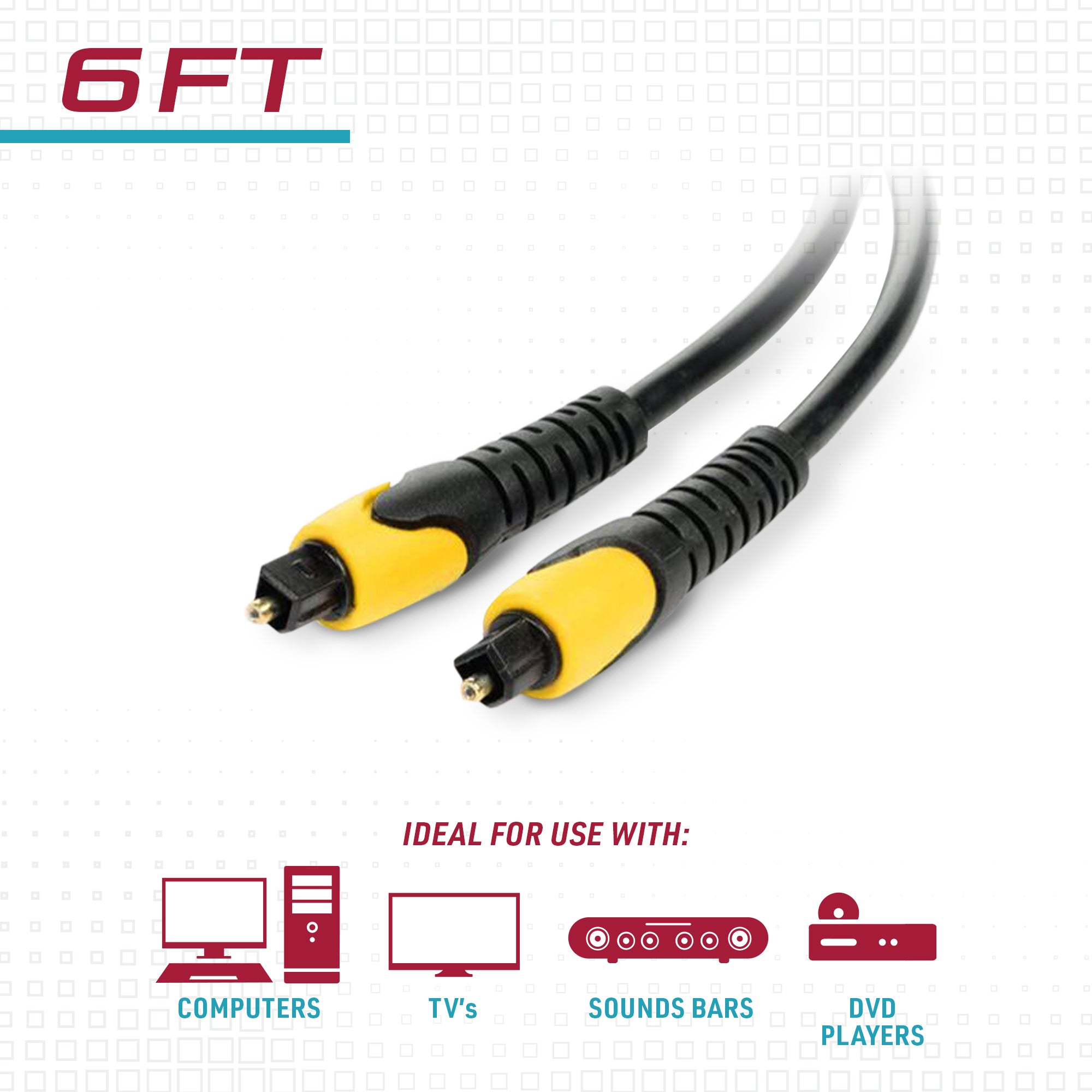 6ft Toslink Digital Optical Audio Cable with Gold-Plated Connectors, Fiber Optic Sound Bar Cable for TV, Computer, and DVD Players