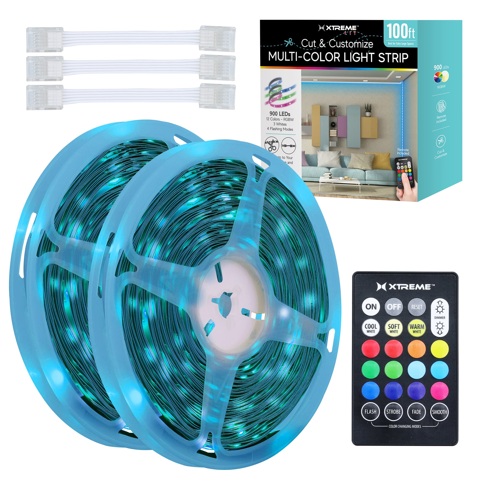 100ft Cut & Customize Indoor LED Light Strip Kit, Includes 3 Connectors, 900 LEDs, 4 Modes, Remote & 24V Adapter