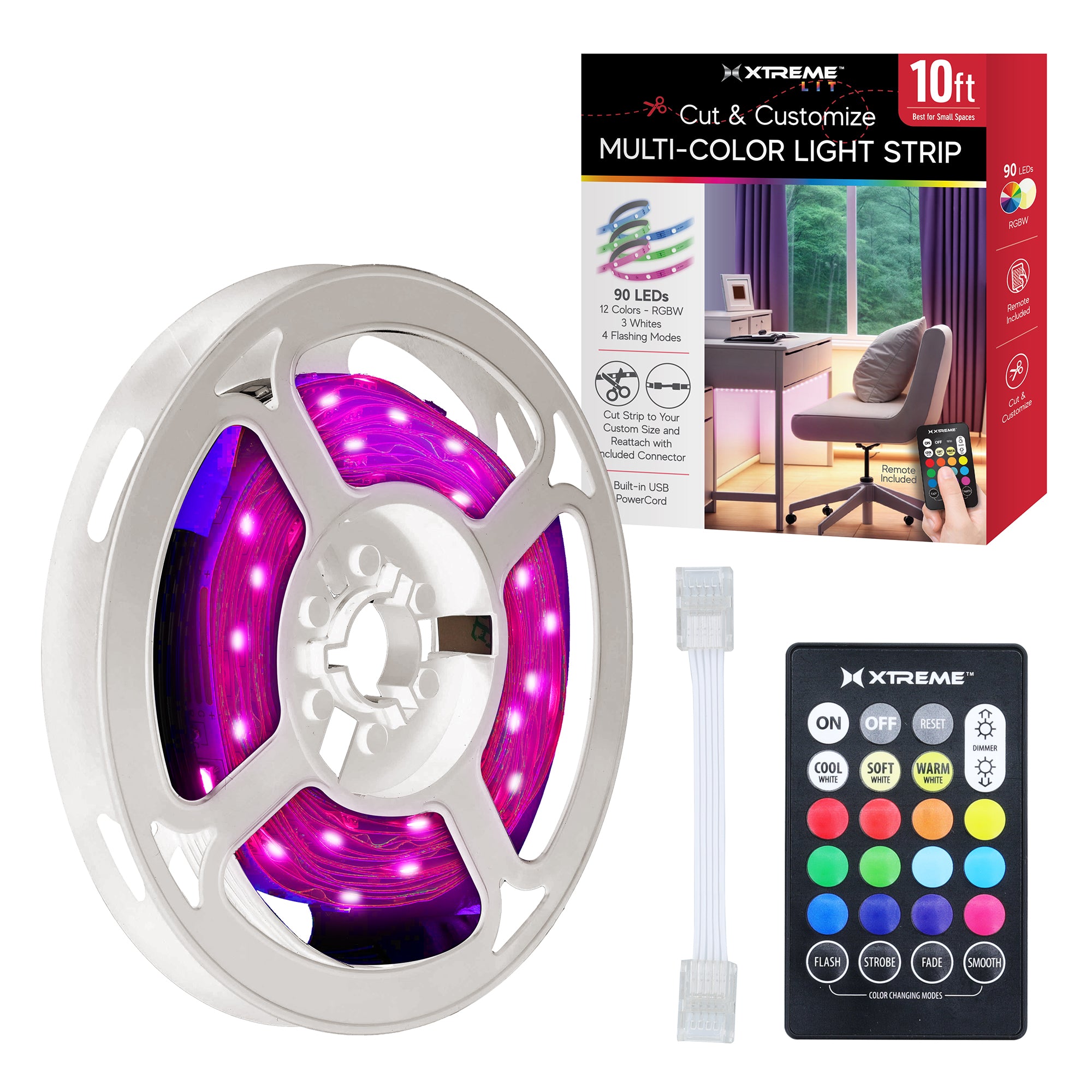 10ft Cut & Customize Indoor LED Light Strip Kit, Includes 1 Connector, 90 LEDs, 4 Modes, Remote