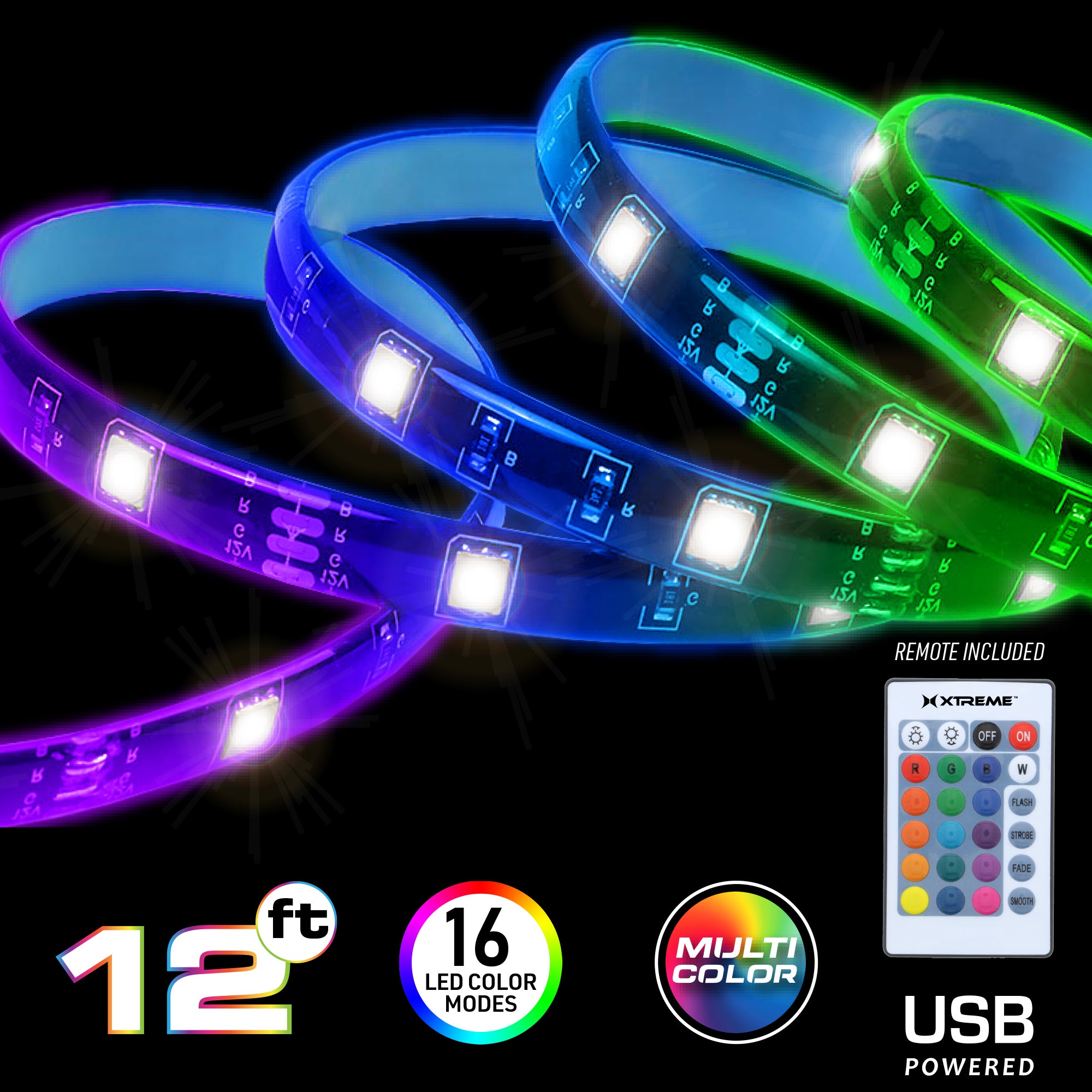 Xtreme 12ft Sound-Activated LED Strip, Customizable Multicolor RGB Lighting, USB-Powered