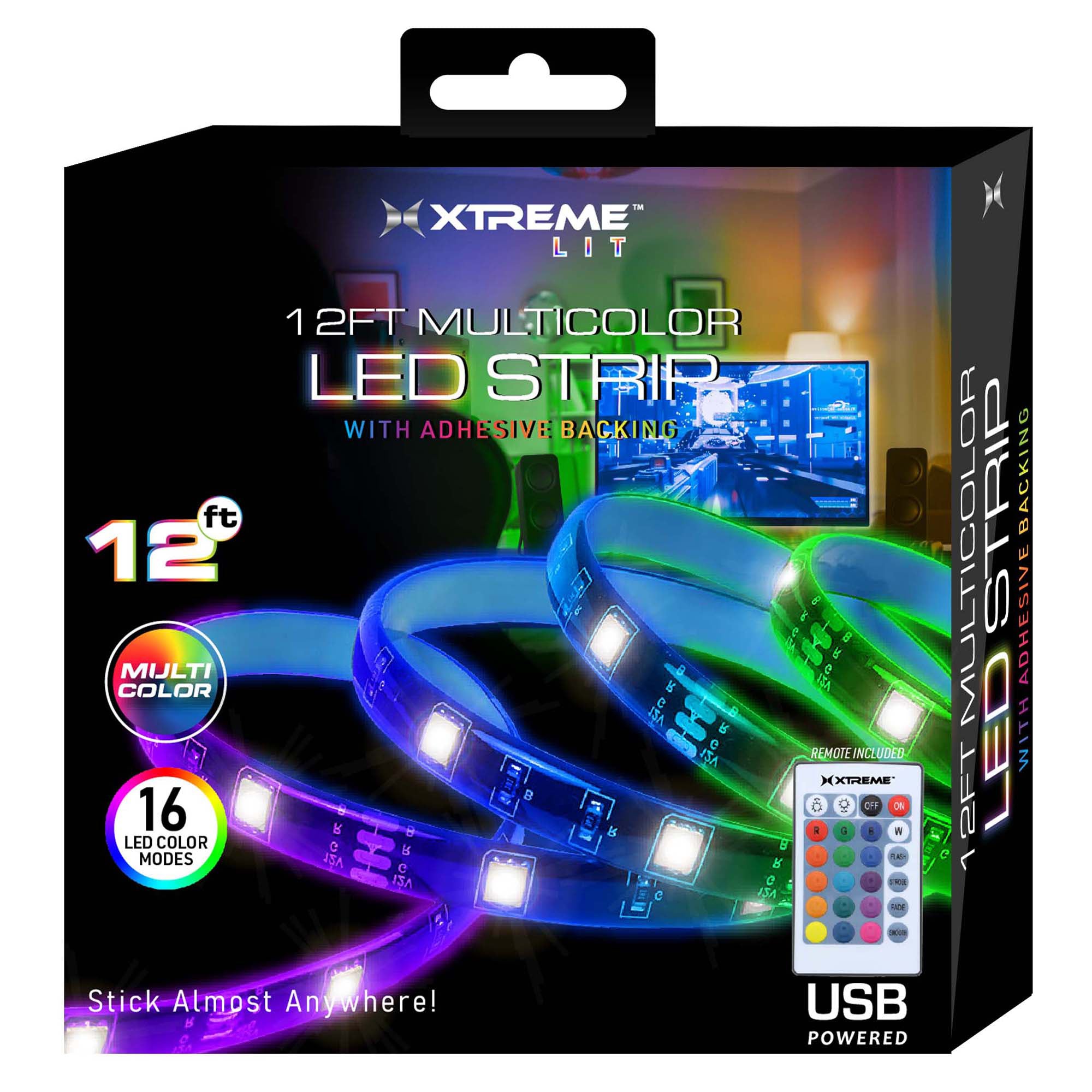 Xtreme 12ft Sound-Activated LED Strip, Customizable Multicolor RGB Lighting, USB-Powered