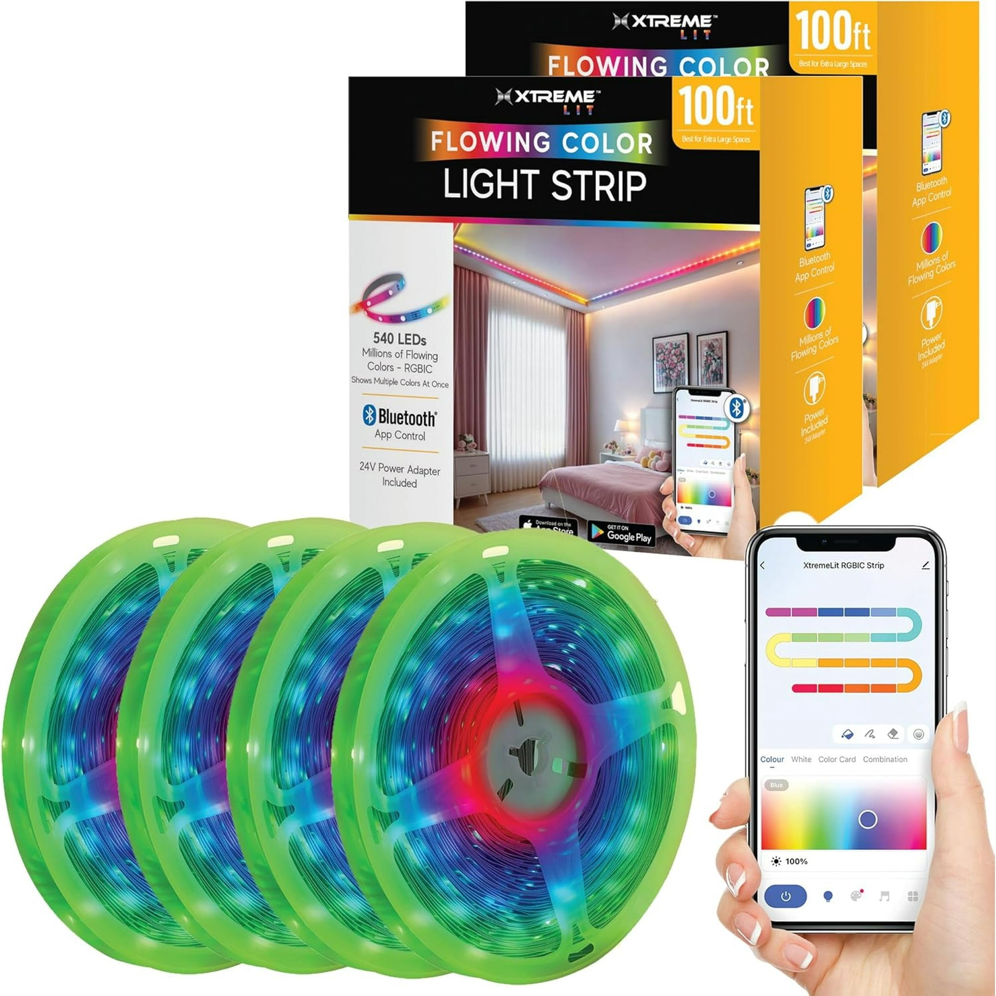 200ft Bluetooth LED Light Strips, Flowing Color Effect, App Use, Indoor