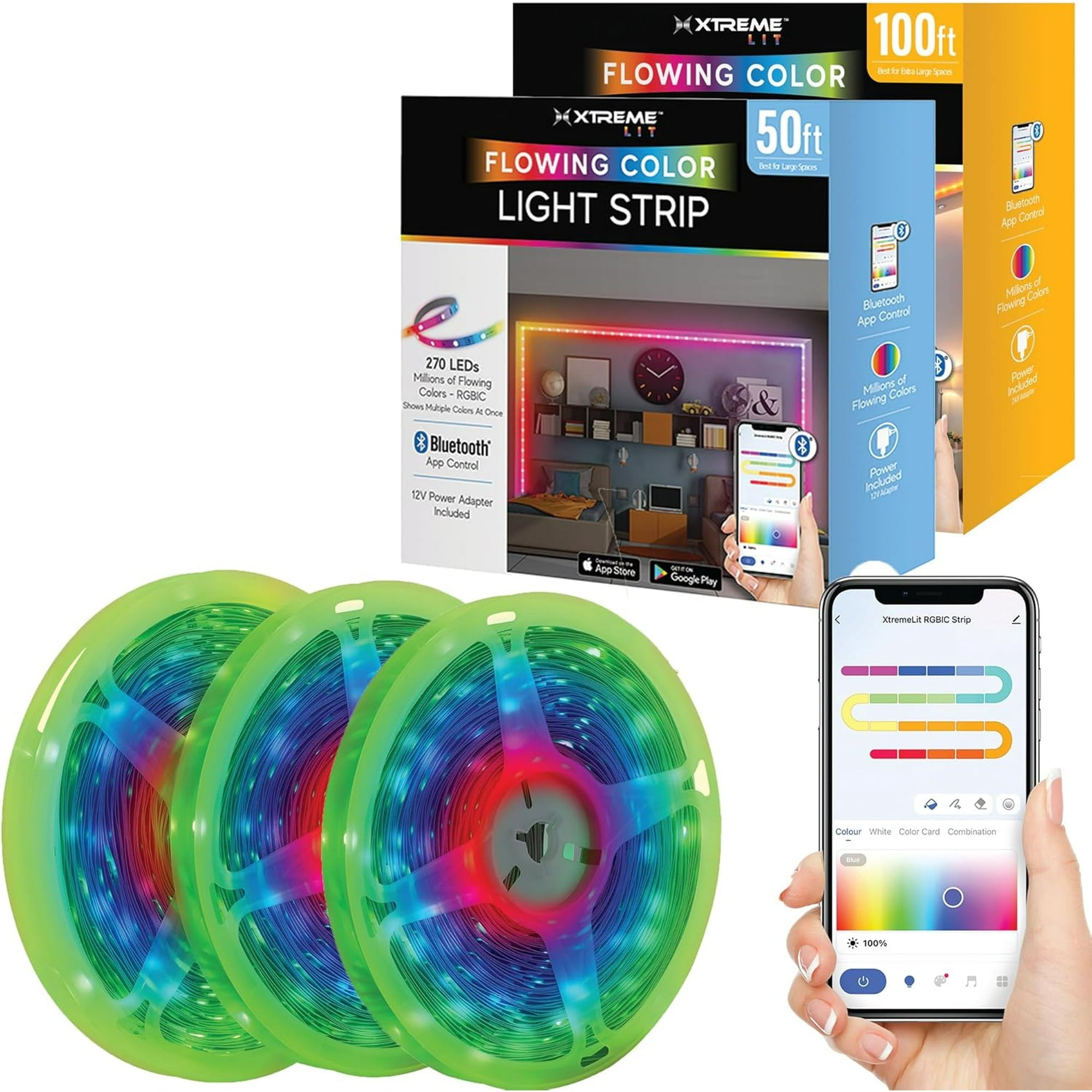 150ft Bluetooth LED Light Strips, Flowing Color Effect, App Use, Indoor