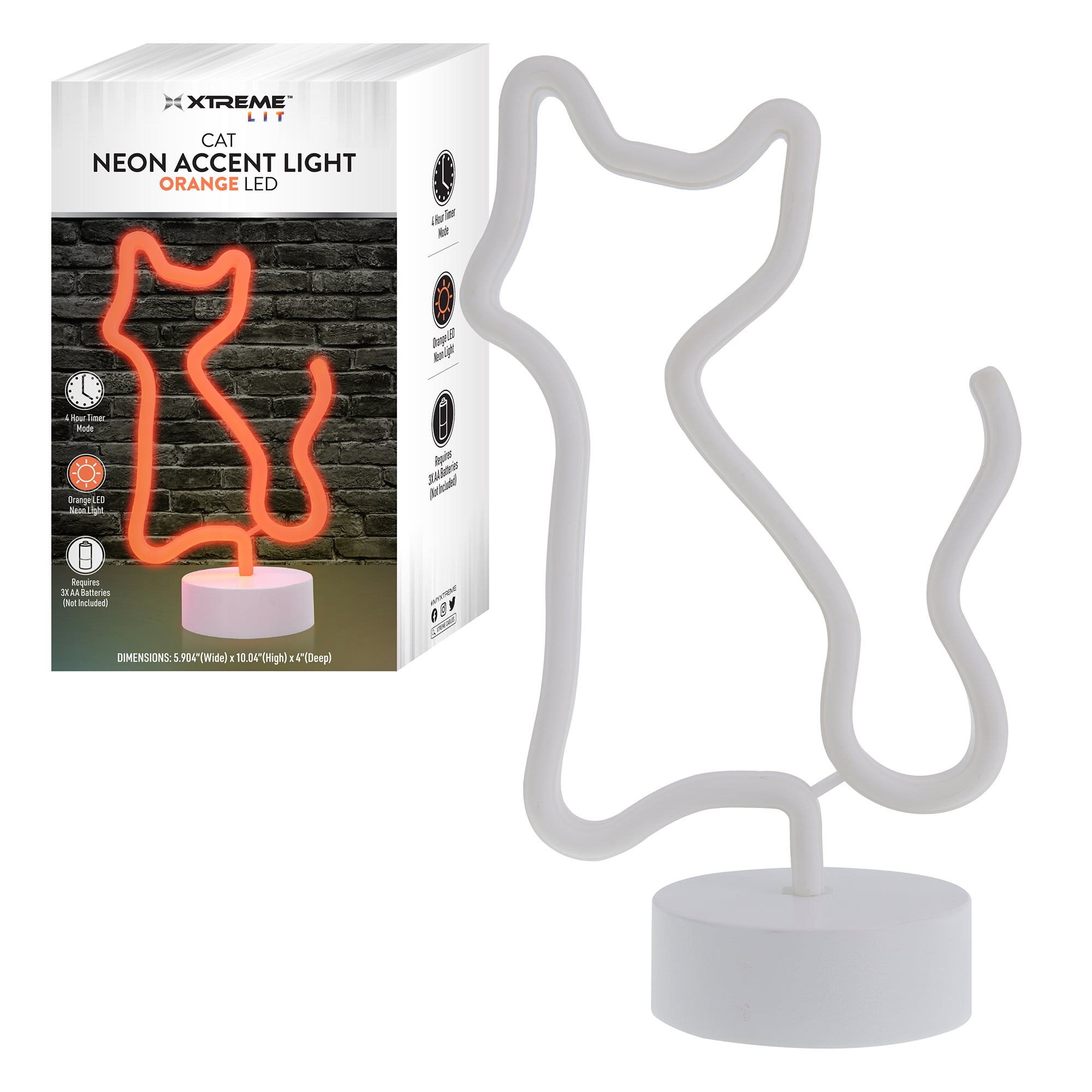Cat Neon Sign, Orange LED Cat Tabletop Sign with Holder Base, Battery Powered, 4 Hour Timer