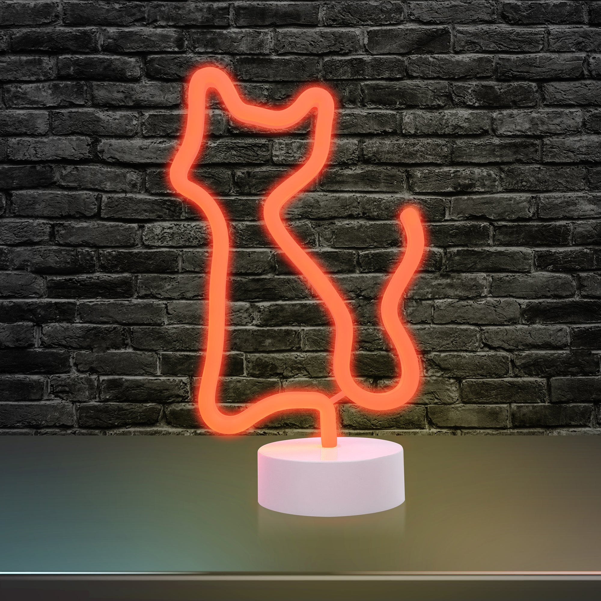 Cat Neon Sign, Orange LED Cat Tabletop Sign with Holder Base, Battery Powered, 4 Hour Timer