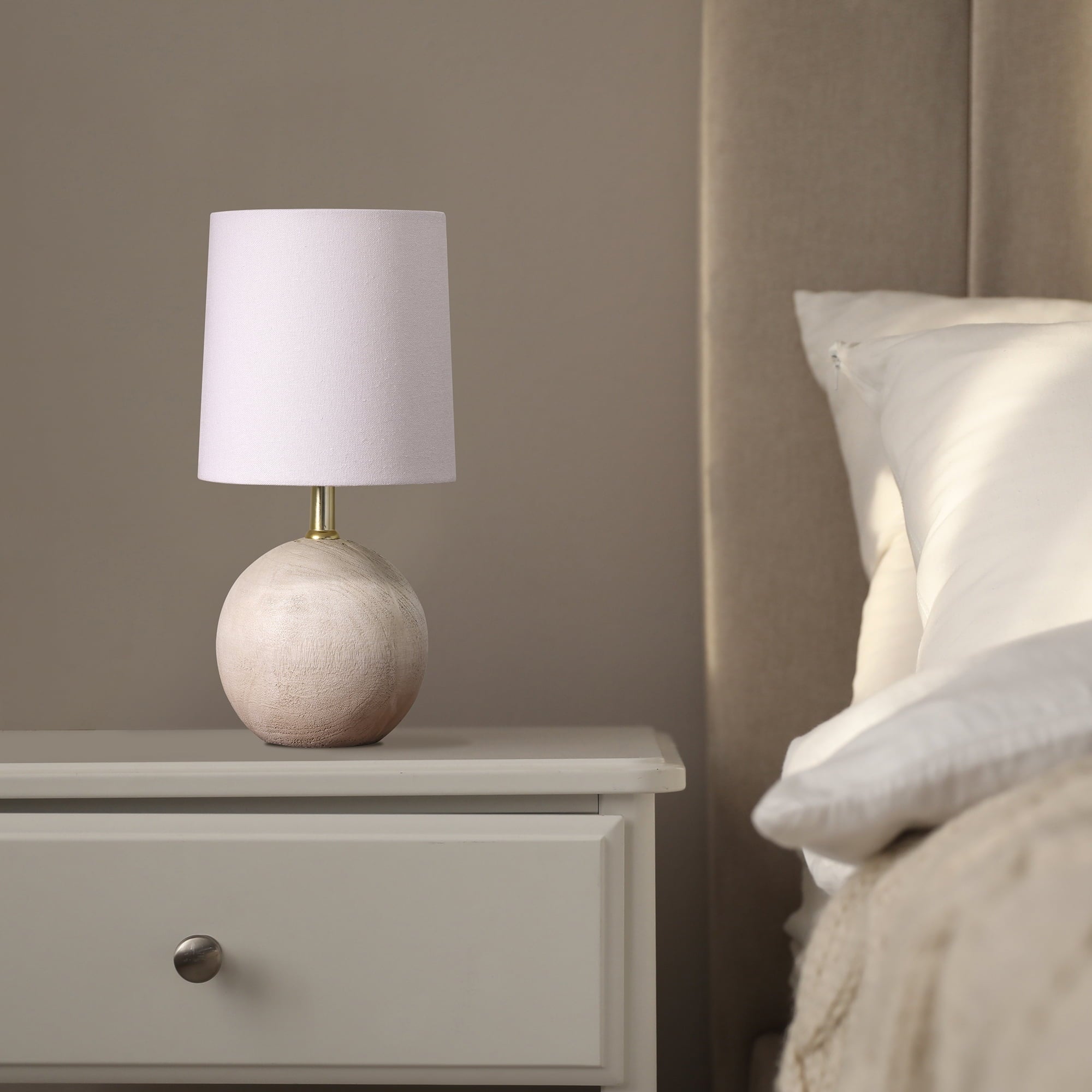 Mini Ball Natural Grey Resin Table Lamp with White Fabric Shade, LED Bulb Included, Push-Through Switch, Modern & Compact Design
