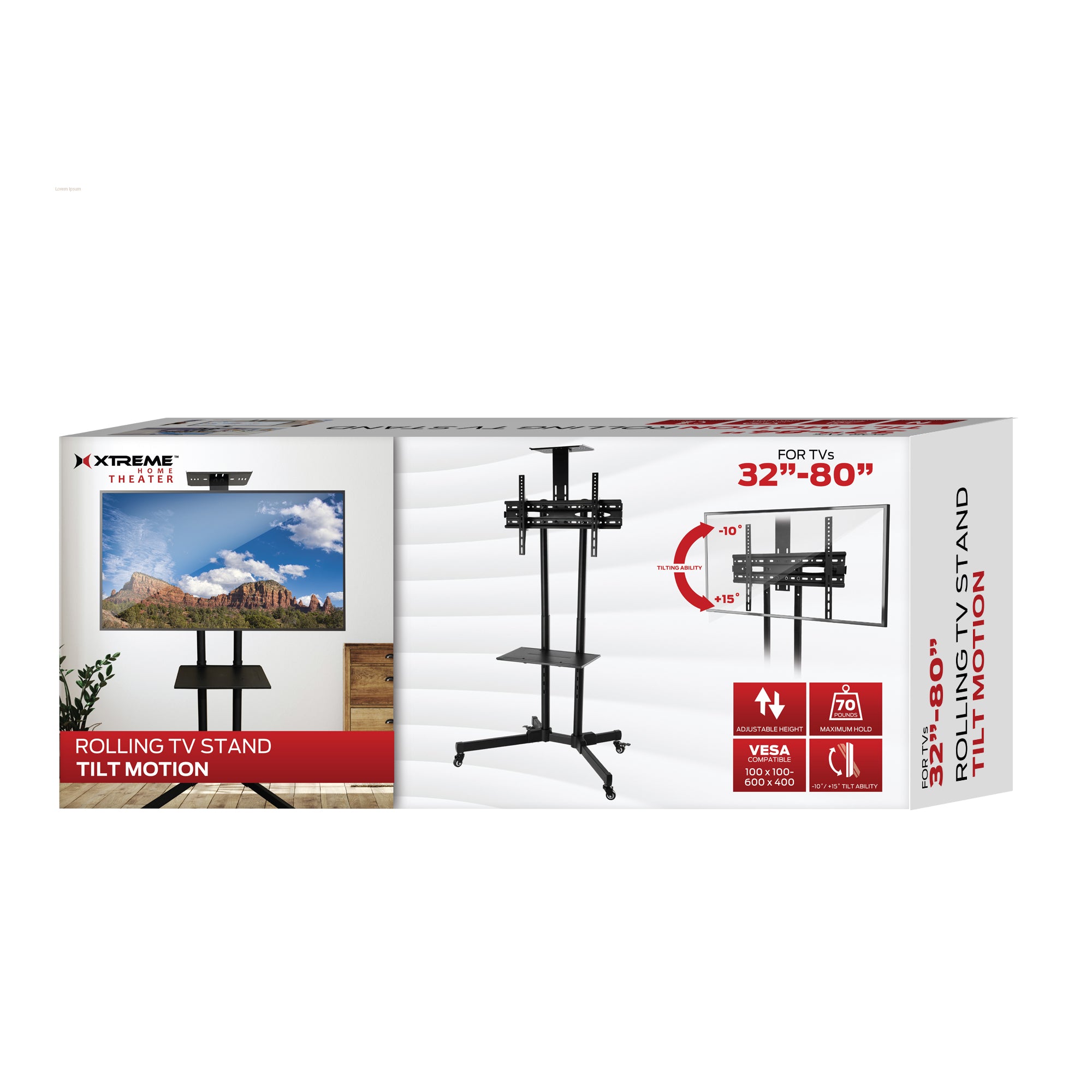 32-80 inch Rolling TV Stand, Adjustable Tilt, Television Sizes 32-80 inch, Wheels with lock