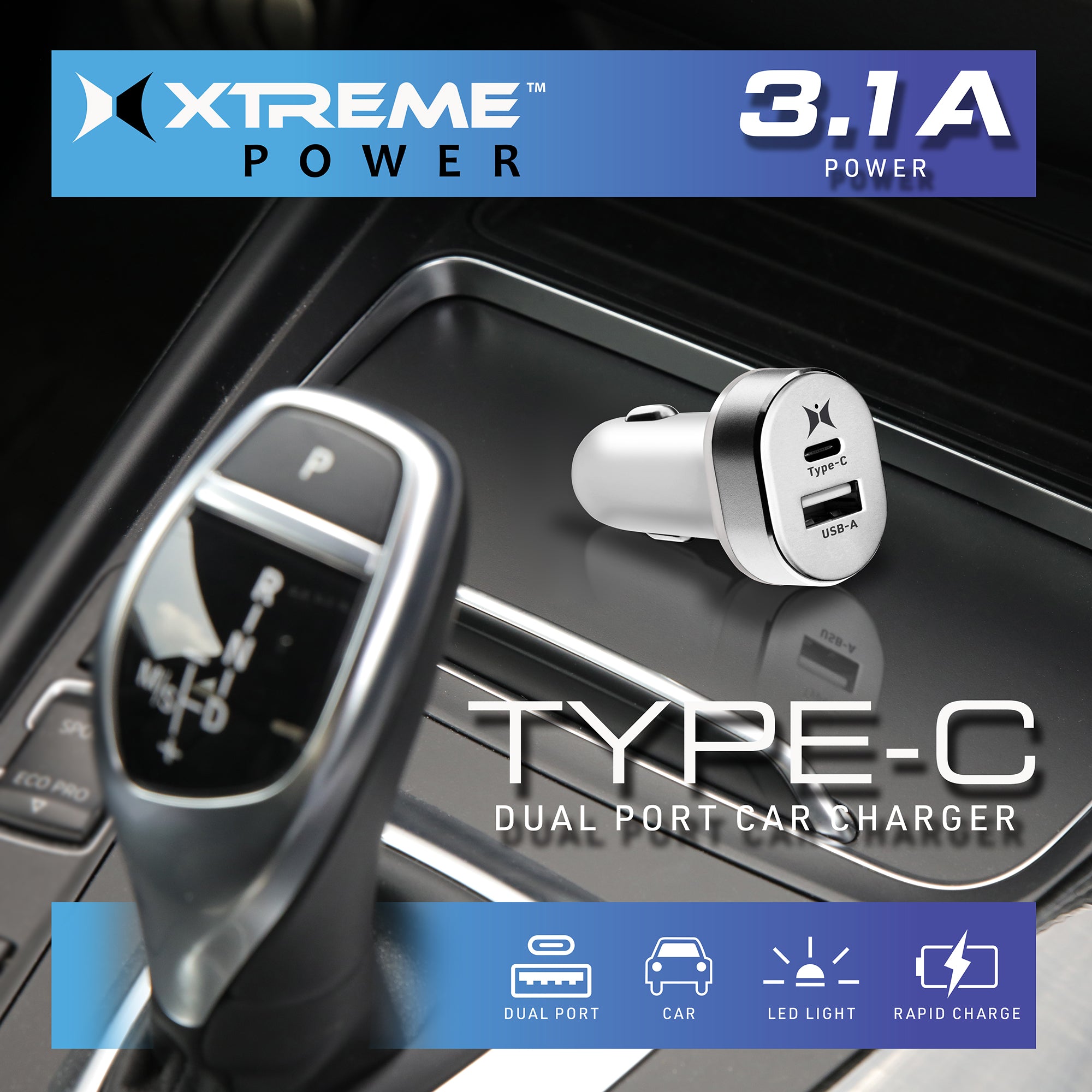 Dual Port Car Charger with USB-A & Type-C, 3.1A Fast Charging Adapter with LED Light for All Smartphones and Devices