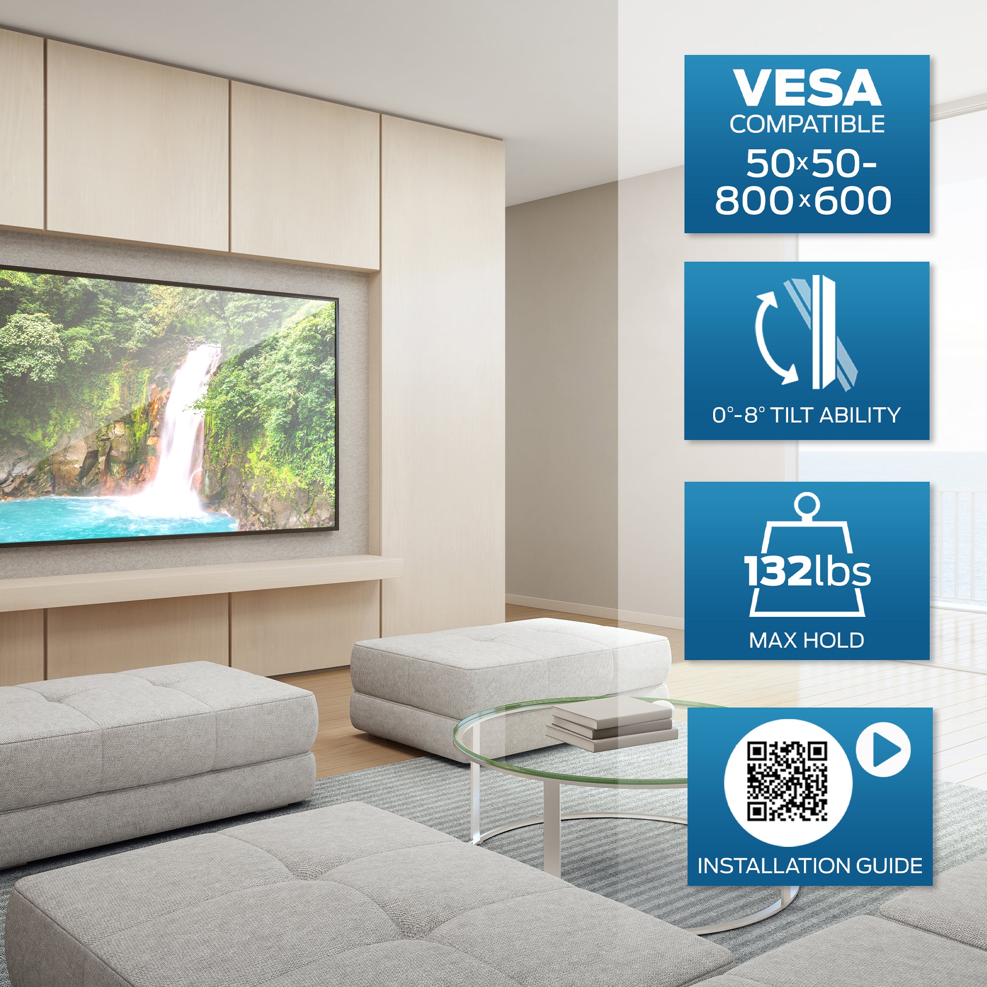 Heavy-Duty Tilting TV Wall Mount for 42"-90" TVs - Supports 132 lbs, VESA 800x600