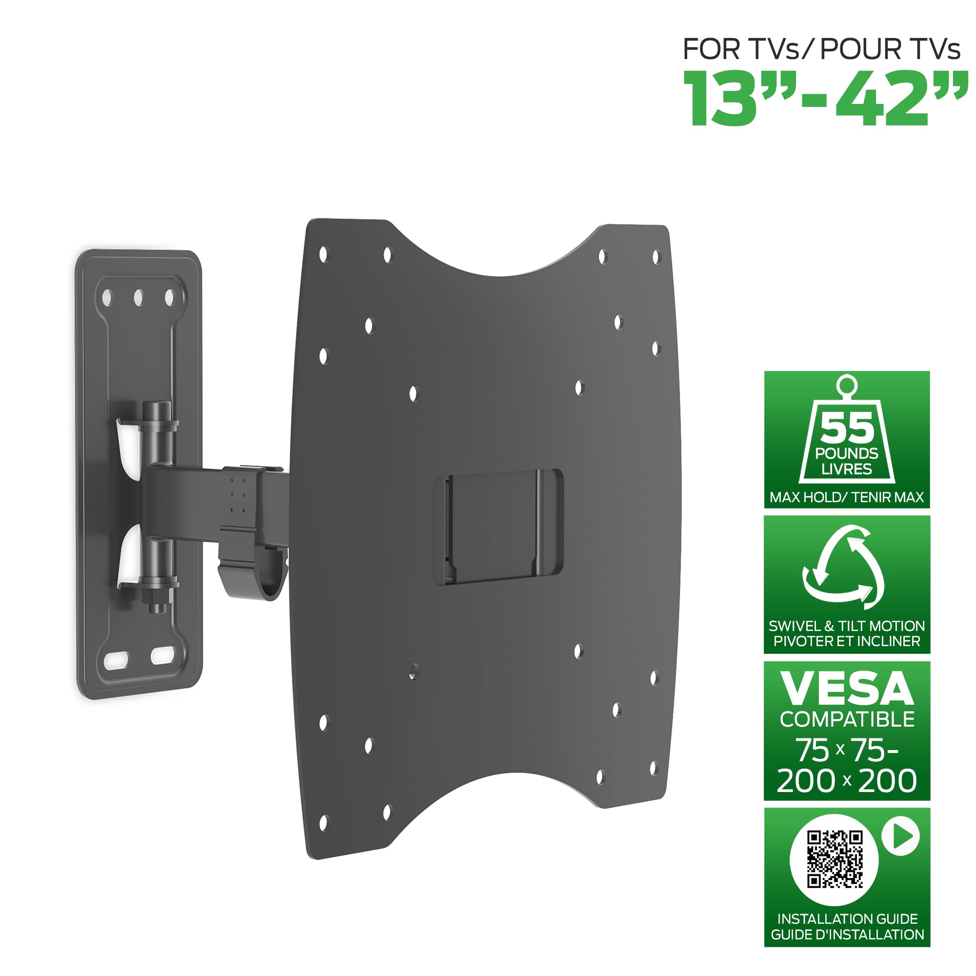 Full Motion TV Wall Mount Bracket for 13-42 Inch TVs, Supports up to 55 lbs, Easy to Install