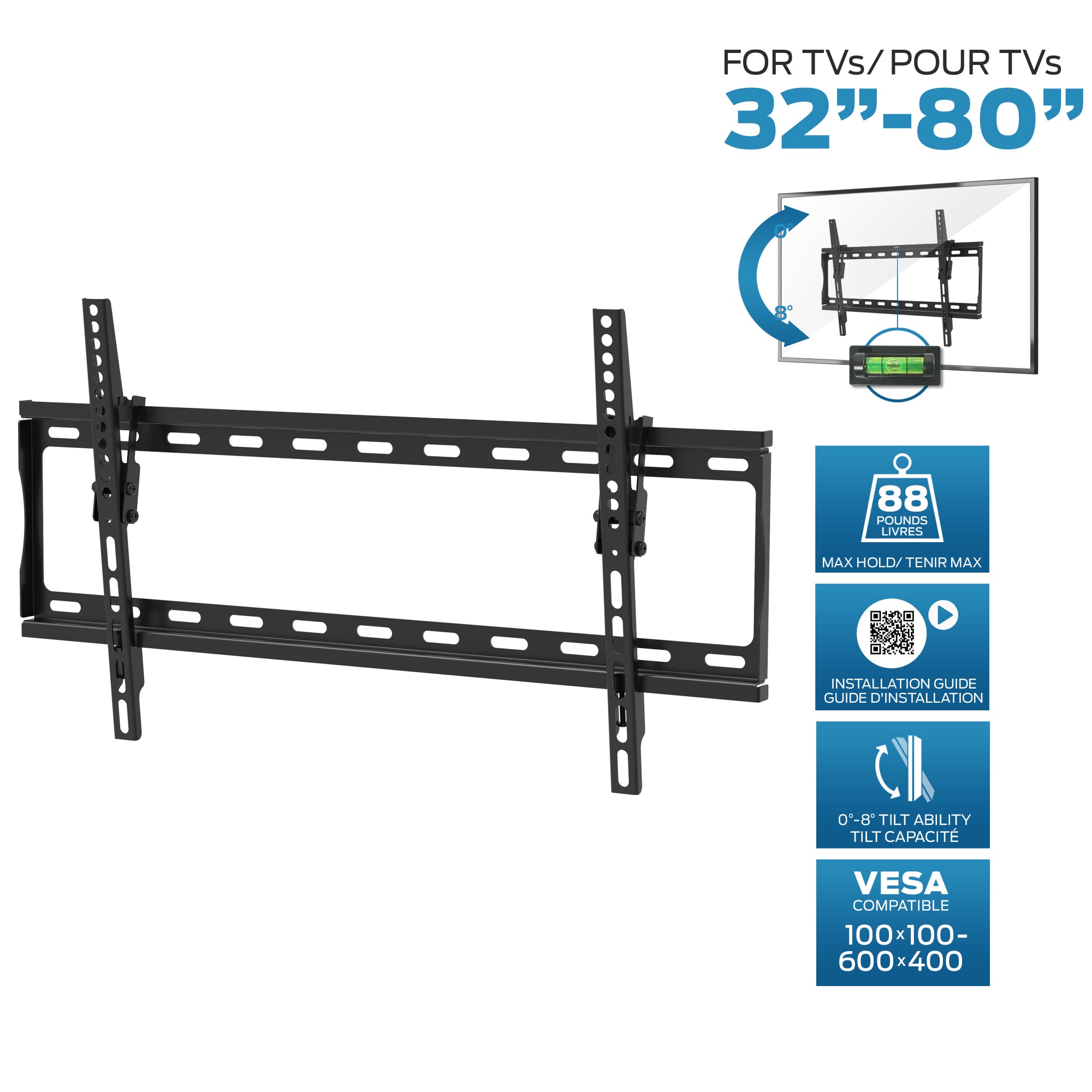 Tilting TV Wall Mount Bracket for 32"-80" Screens - Supports Up to 88 lbs