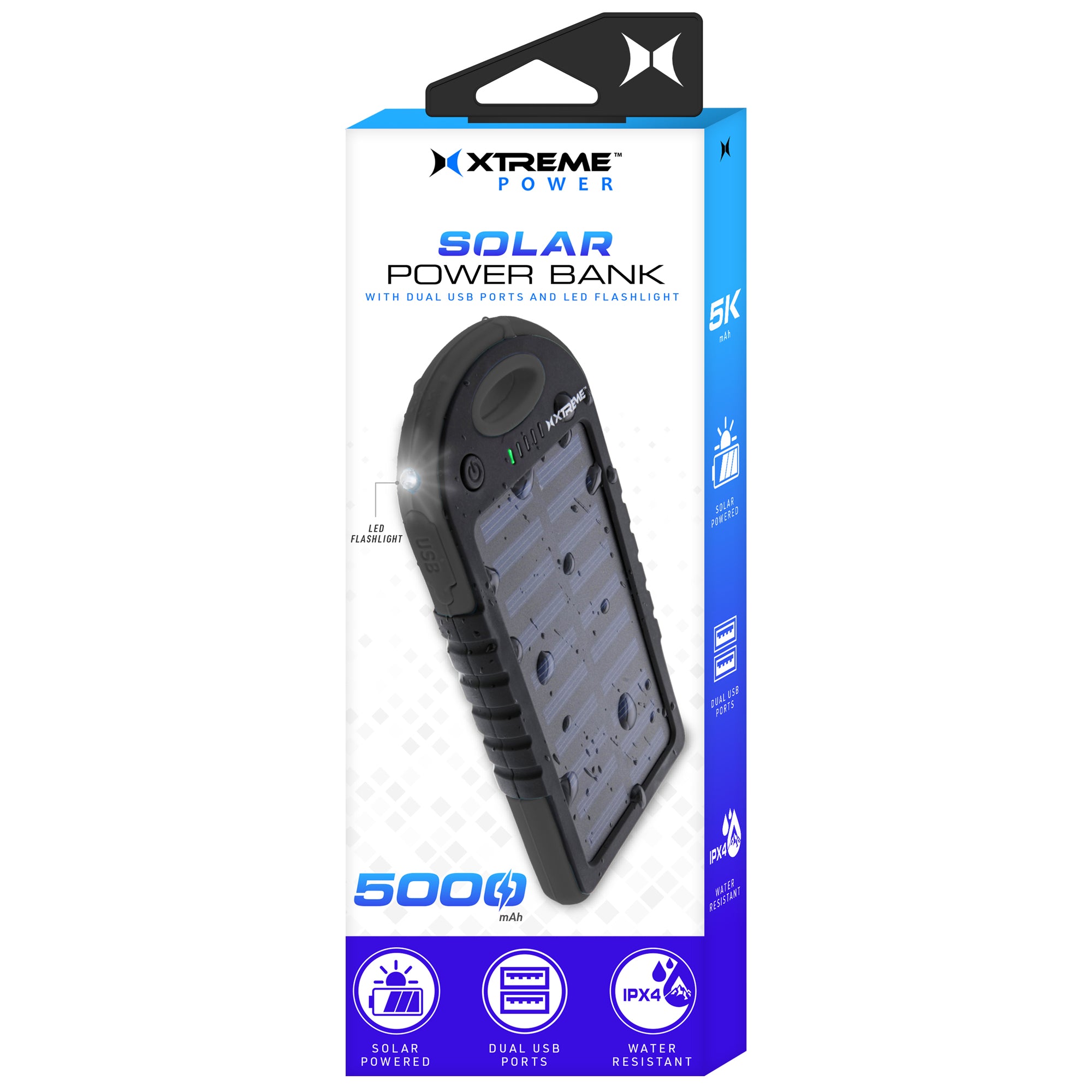 5000mAH External Black Solar Panel Battery Bank, Weatherproof, Dual USB Port