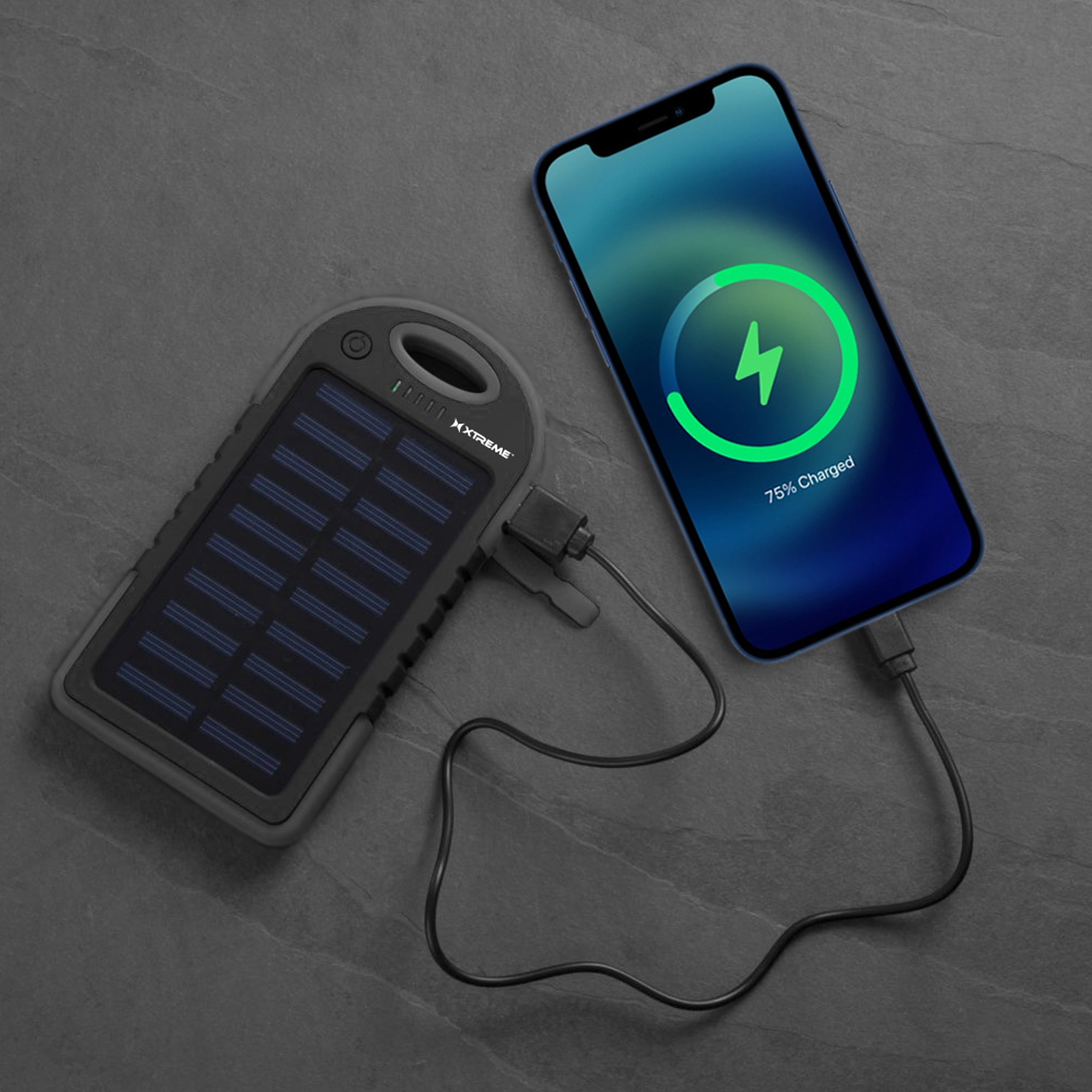 5000mAH External Black Solar Panel Battery Bank, Weatherproof, Dual USB Port