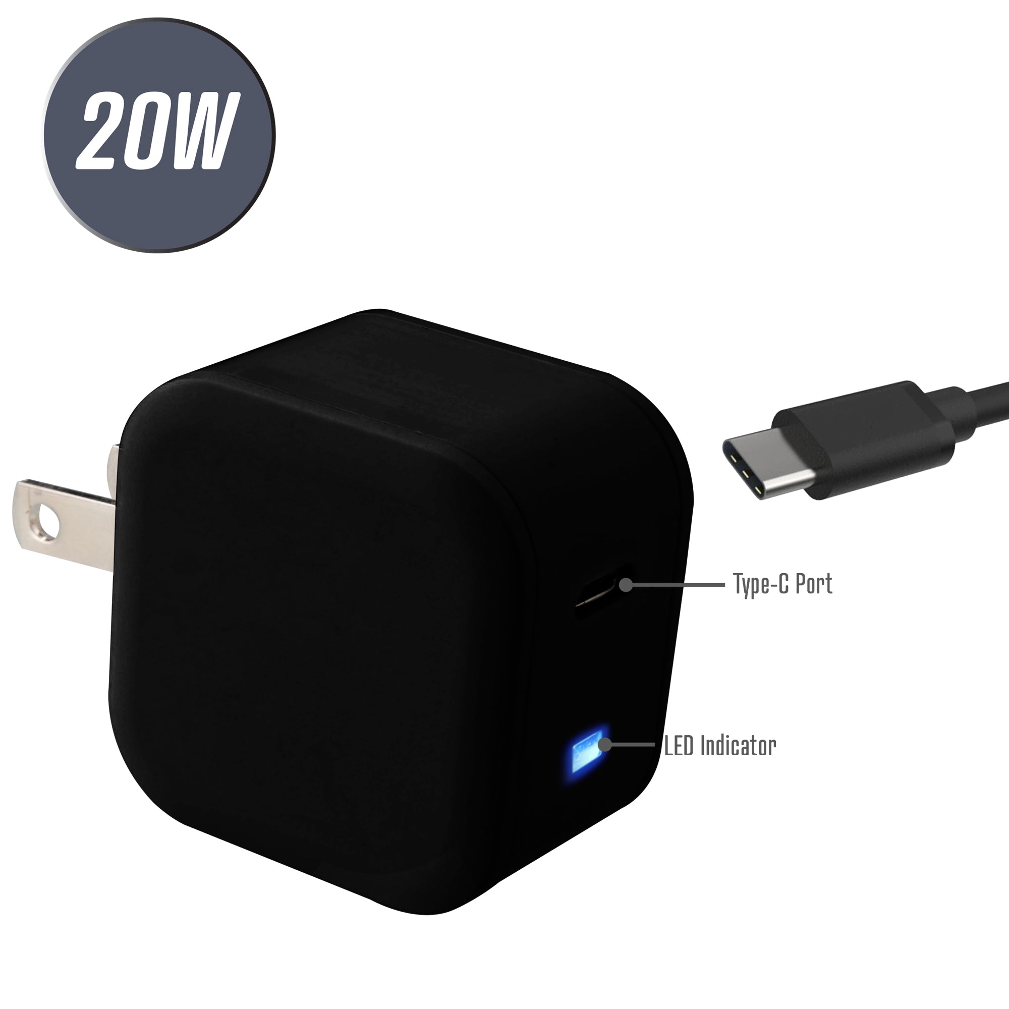 20W Type-C 3.0 PD Fast Charger, Works with Compatible Devices, LED Power Indicator