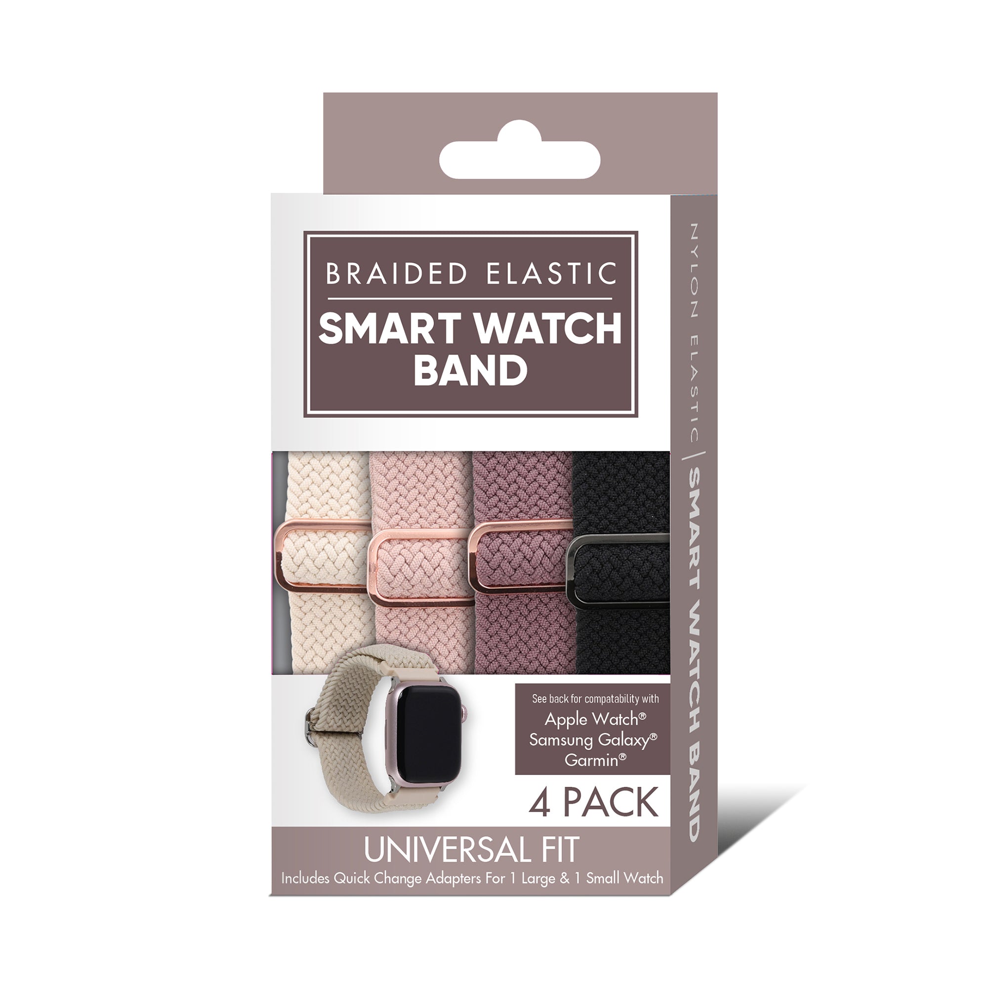 Braided Elastic Universal Watchband 4-Pack | Soft & Breathable Strap for Apple Watch, Samsung Galaxy & Garmin | 2 Large & 2 Small Bands