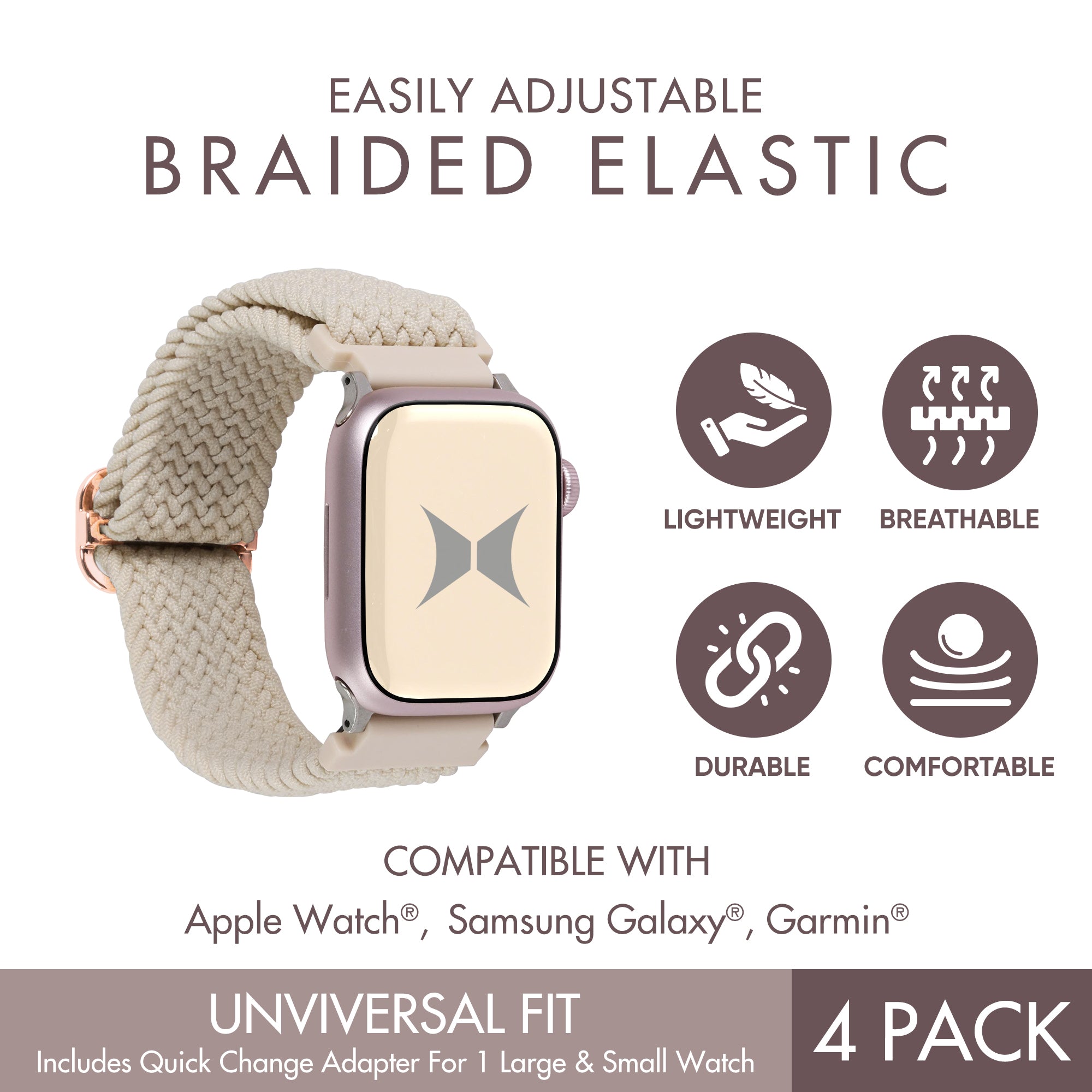 Braided Elastic Universal Watchband 4-Pack | Soft & Breathable Strap for Apple Watch, Samsung Galaxy & Garmin | 2 Large & 2 Small Bands