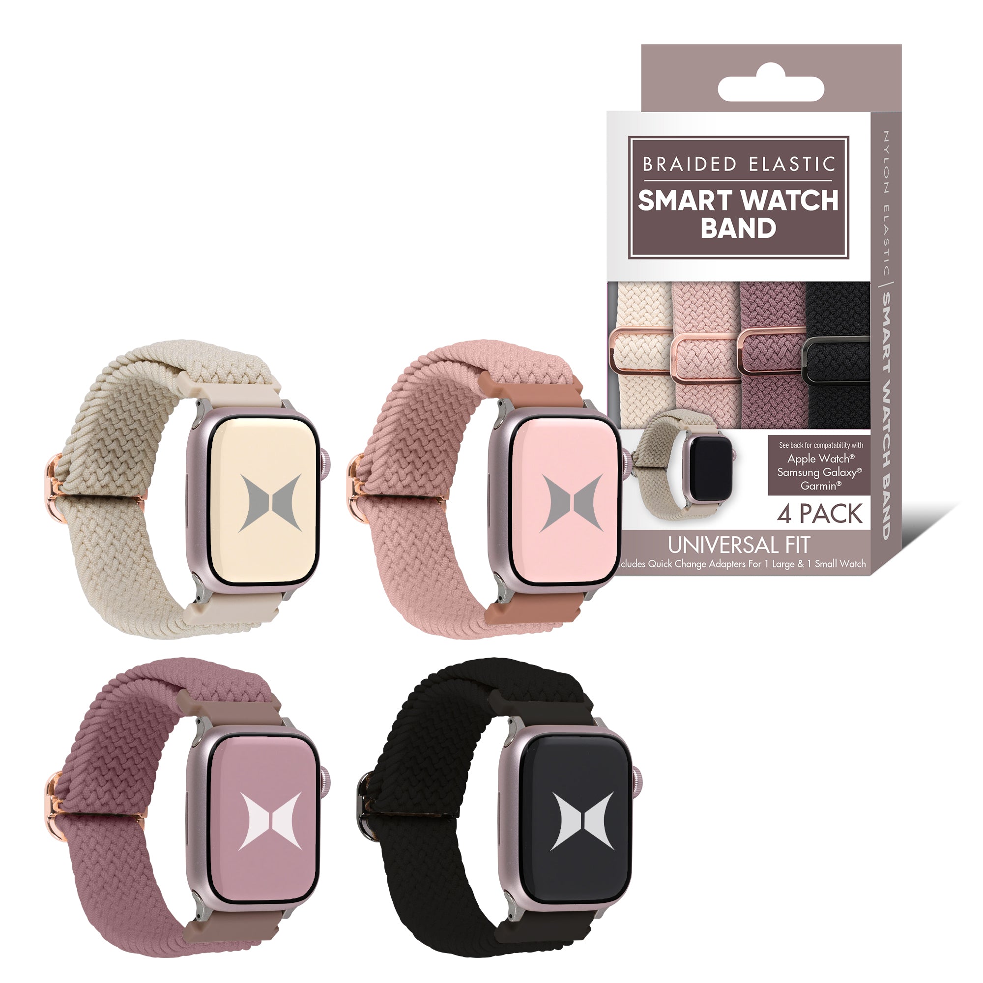 Braided Elastic Universal Watchband 4-Pack | Soft & Breathable Strap for Apple Watch, Samsung Galaxy & Garmin | 2 Large & 2 Small Bands