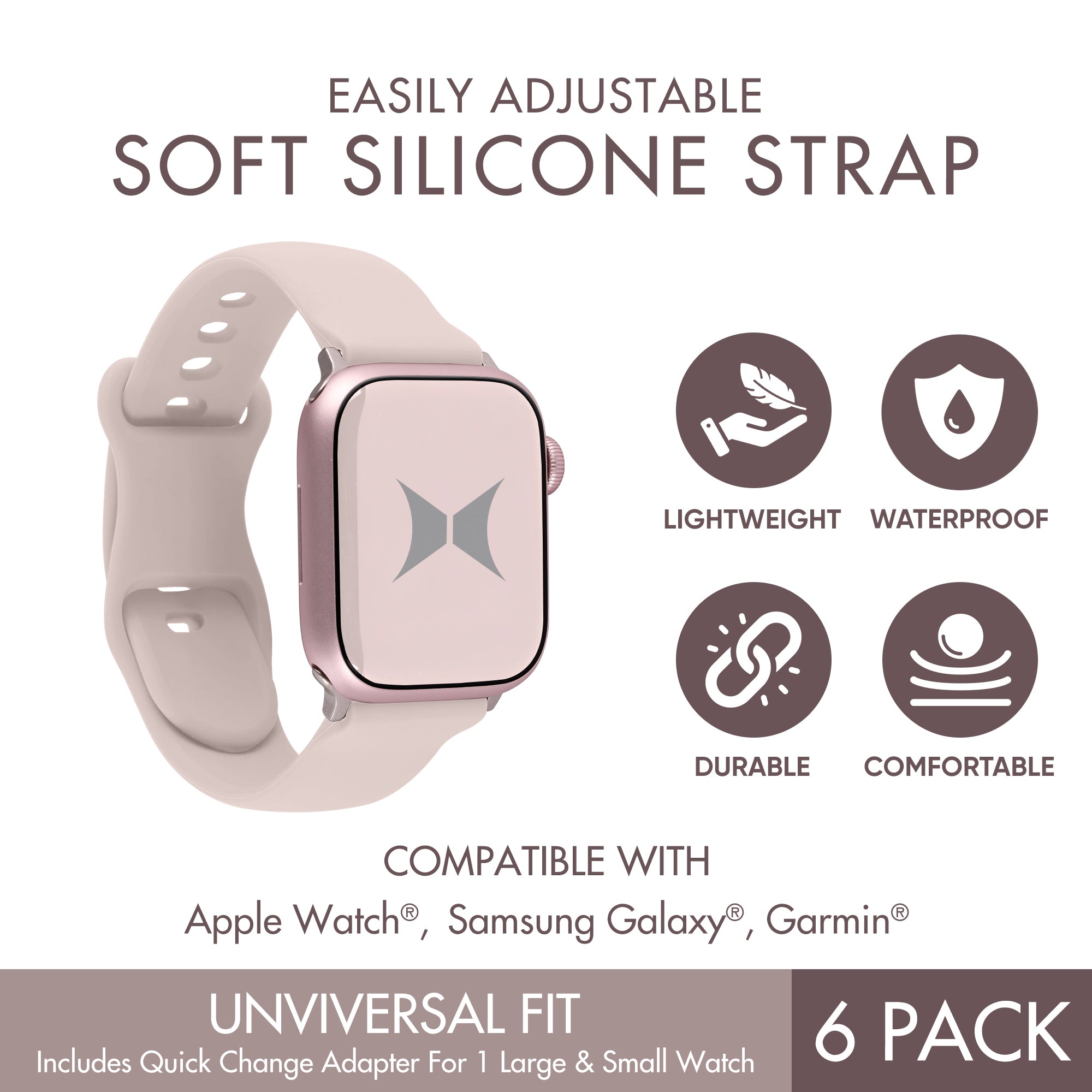 Elastic Universal Watchband 6-Pack - Soft Silicone Sports Strap for Apple Watch, Samsung Galaxy, and Garmin - Lightweight & Breathable