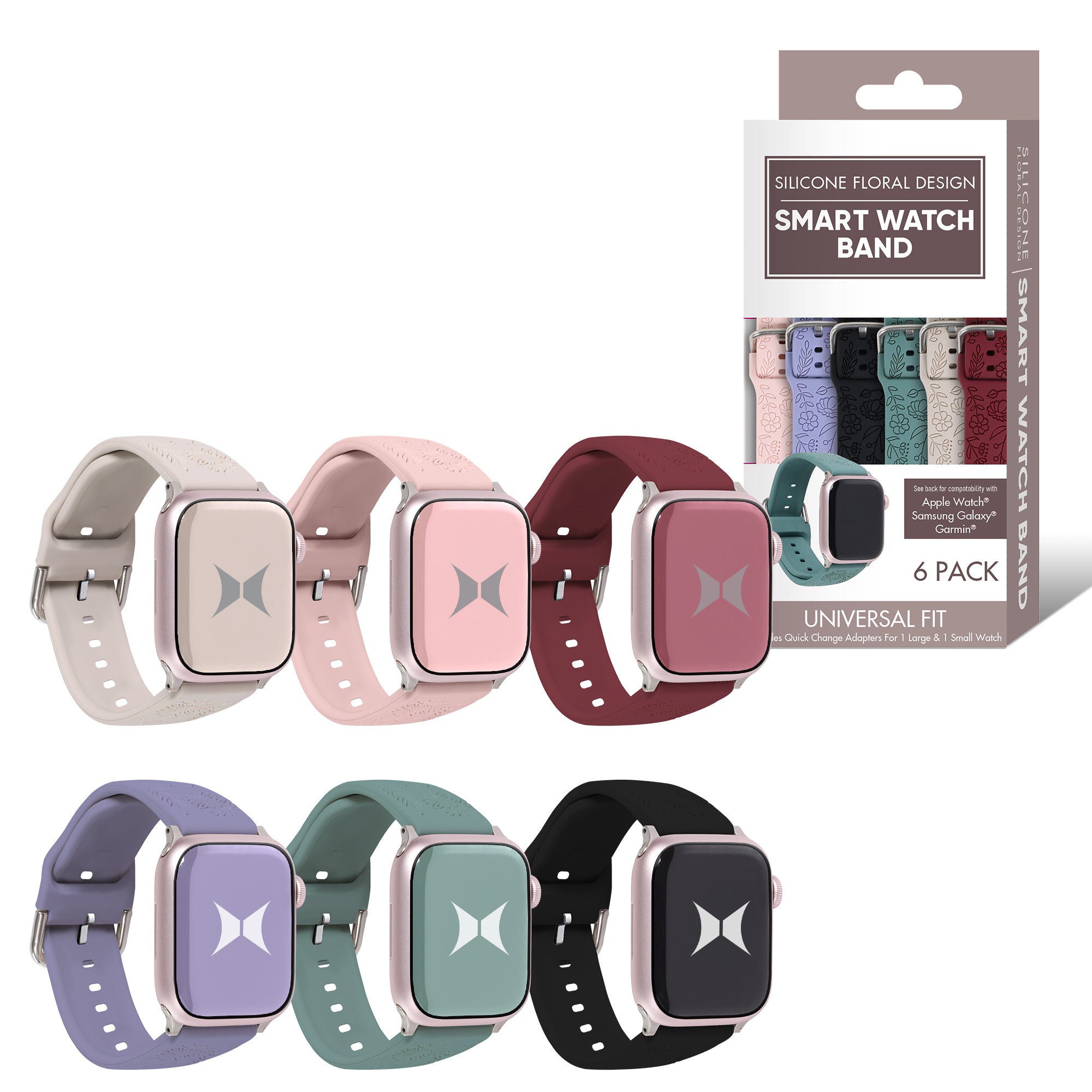 6-Pack Floral Silicone Watch Bands for Apple Watch, Samsung Galaxy & Garmin - Soft, Durable, and Breathable Straps in 38mm & 42mm Sizes