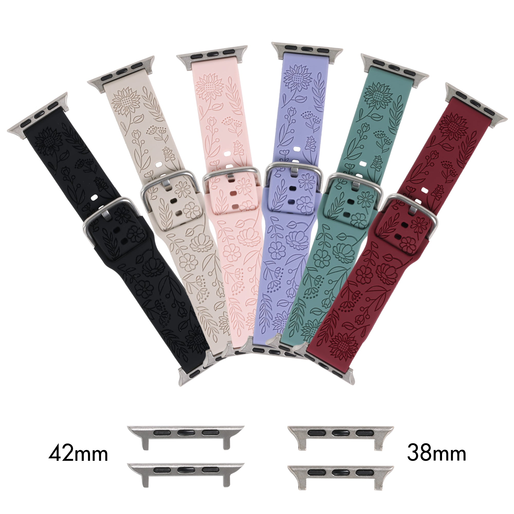 6-Pack Floral Silicone Watch Bands for Apple Watch, Samsung Galaxy & Garmin - Soft, Durable, and Breathable Straps in 38mm & 42mm Sizes