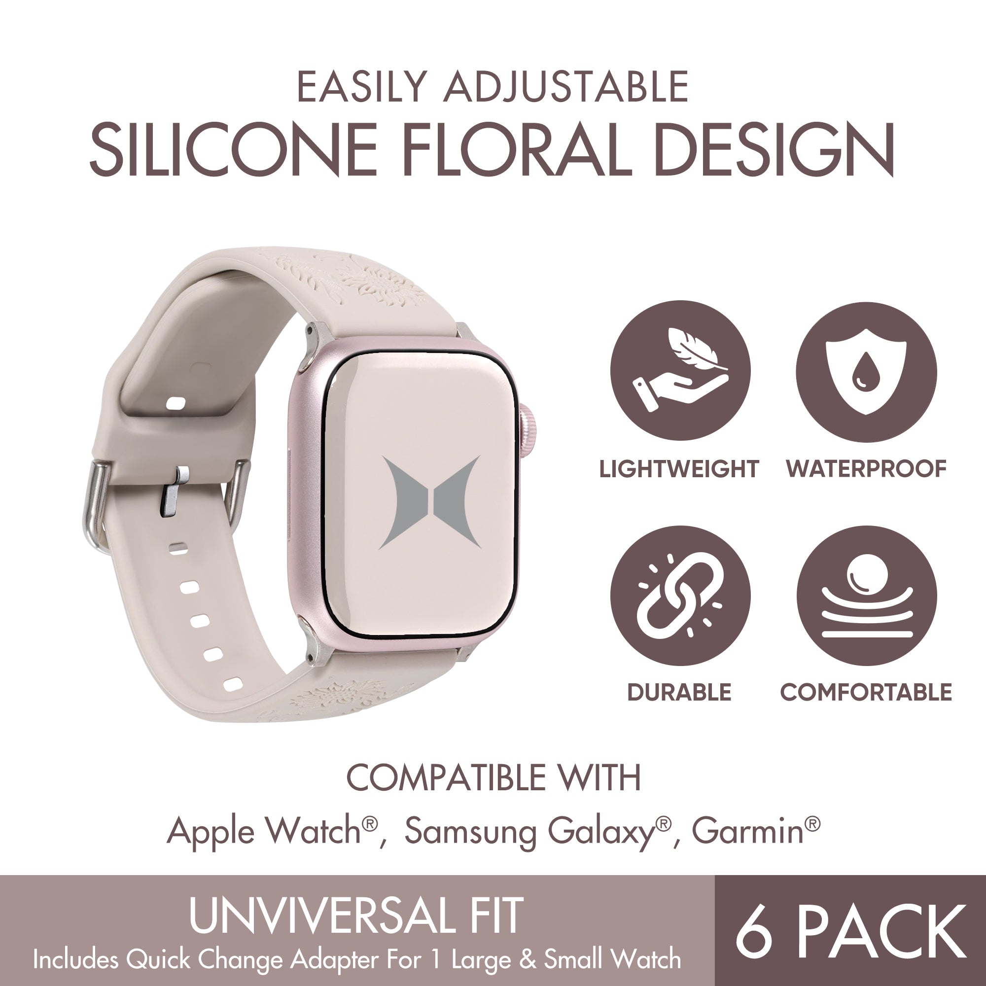 6-Pack Floral Silicone Watch Bands for Apple Watch, Samsung Galaxy & Garmin - Soft, Durable, and Breathable Straps in 38mm & 42mm Sizes