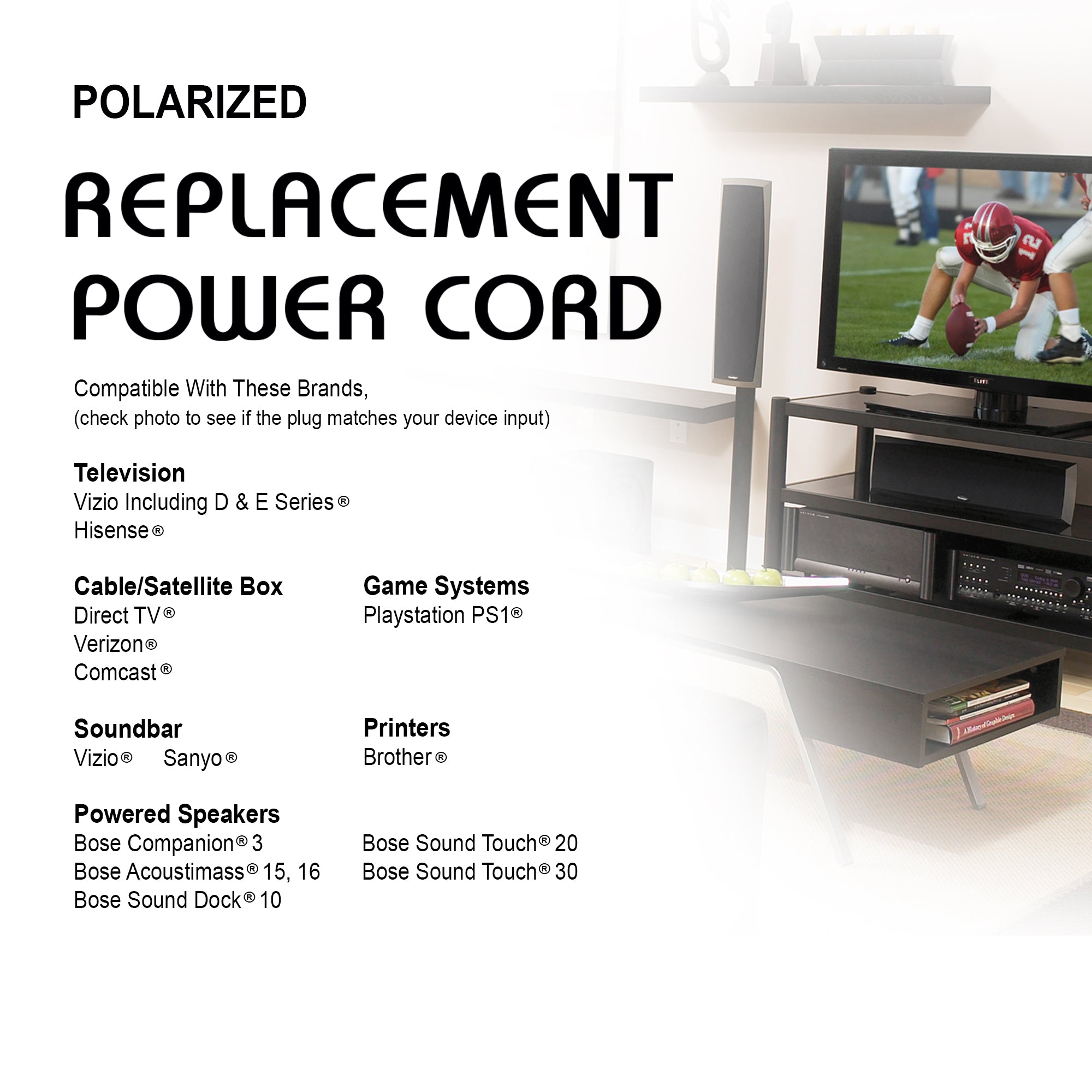 10-ft Replacement Polarized Power Cord, Works with VIZIO, Hisense TVs, and Comcast